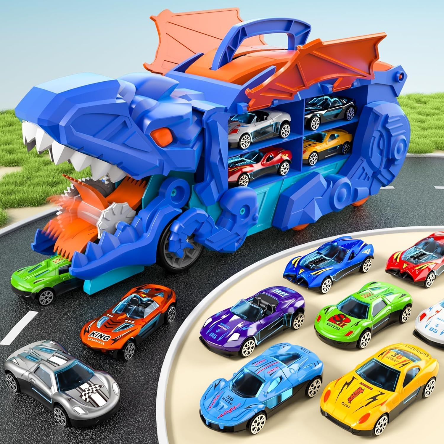 Valdera Dinasour Toys Transporter Truck Track for Kids, Foldable Dinosaur Truck with 10 Racing Cars, Dino Educational Toy for Kids Boys Girls Birthday Gift (Blue) image number 1