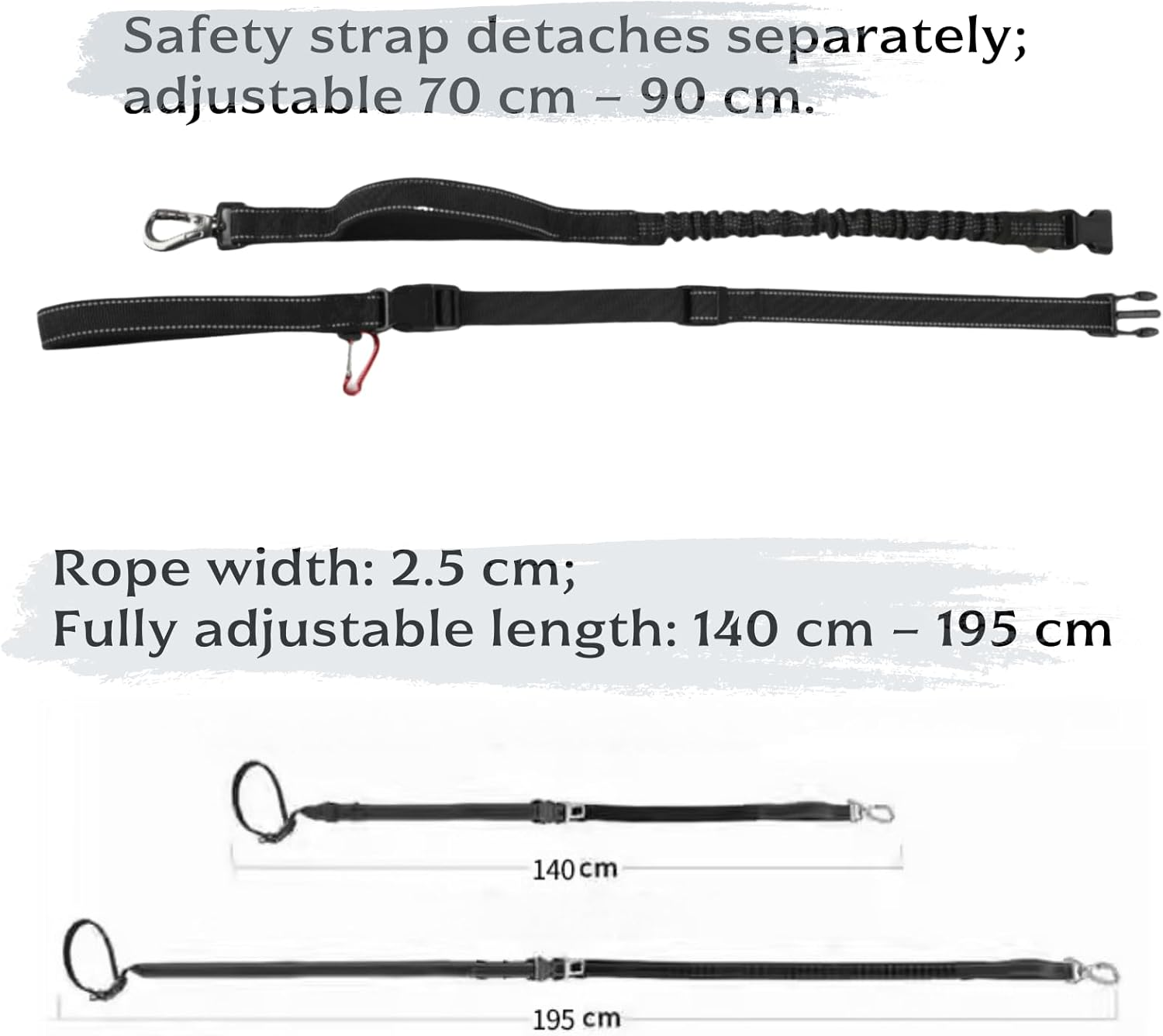 Kawlxpp Hands-Free Retractable Bungee Dog Leash 140&ndash;195 Cm Dual Padded Handles 360&deg; Swivel Clip Reflective Seat-Belt Buckle Waist & Handheld for Medium & Large Dogs (Black) - Black image number 3