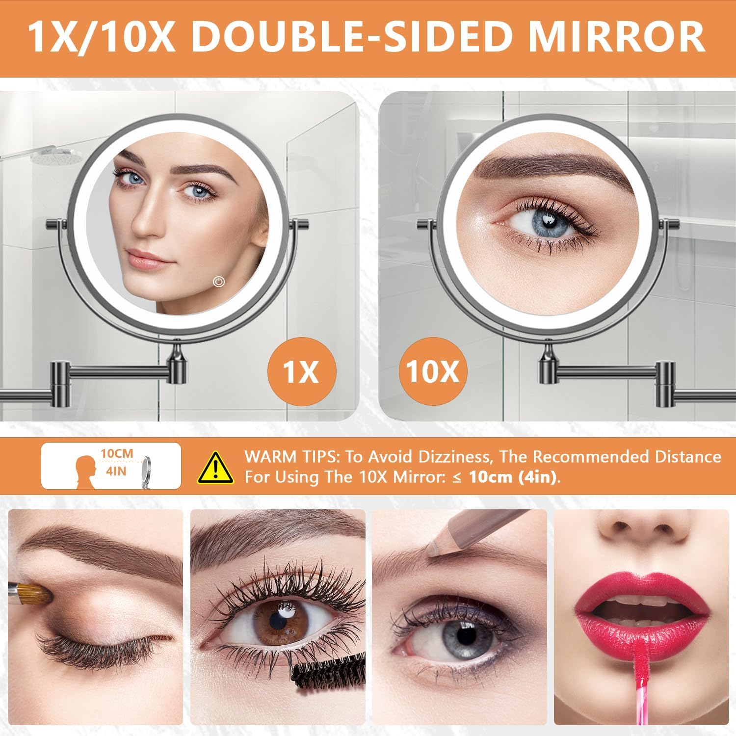 Auxmir Wall-Mounted Bathroom Makeup Mirror Double-Sided 1X/10X Magnification LED Illuminated 3 Light Colors USB Rechargeable Touch Sensor 360&deg; Rotation and Extendable for Bathroom, Black, X-8CB image number 5