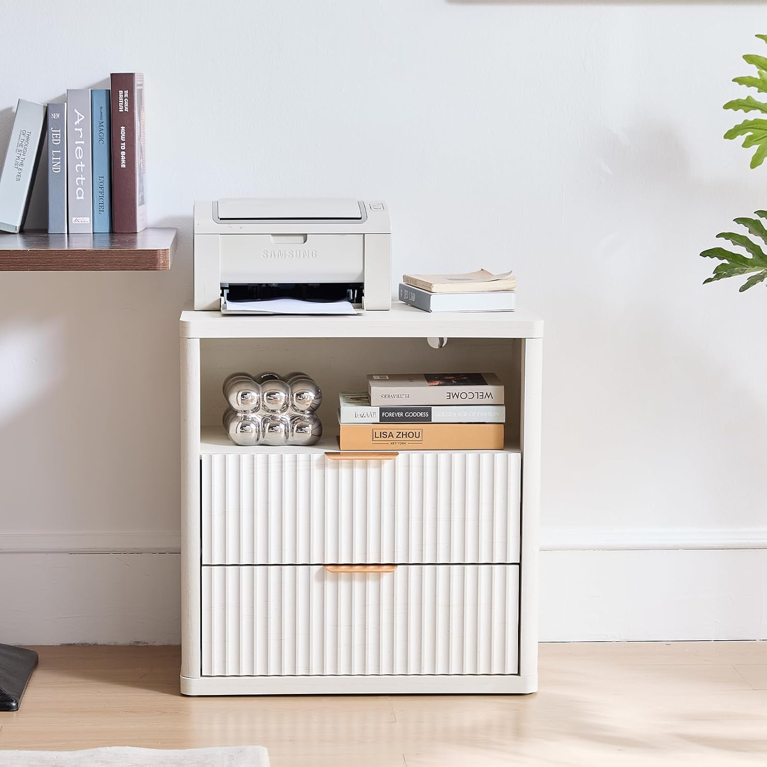 LELELINKY 58 X 39 Cm Fluted Bedside Table with 2 Drawers,Modern White Bed Side Tables Storage Chest of Drawers with Open Shelf,Wood Nightstand Cabinet with Metal Handles for Bedroom,Living Room image number 3