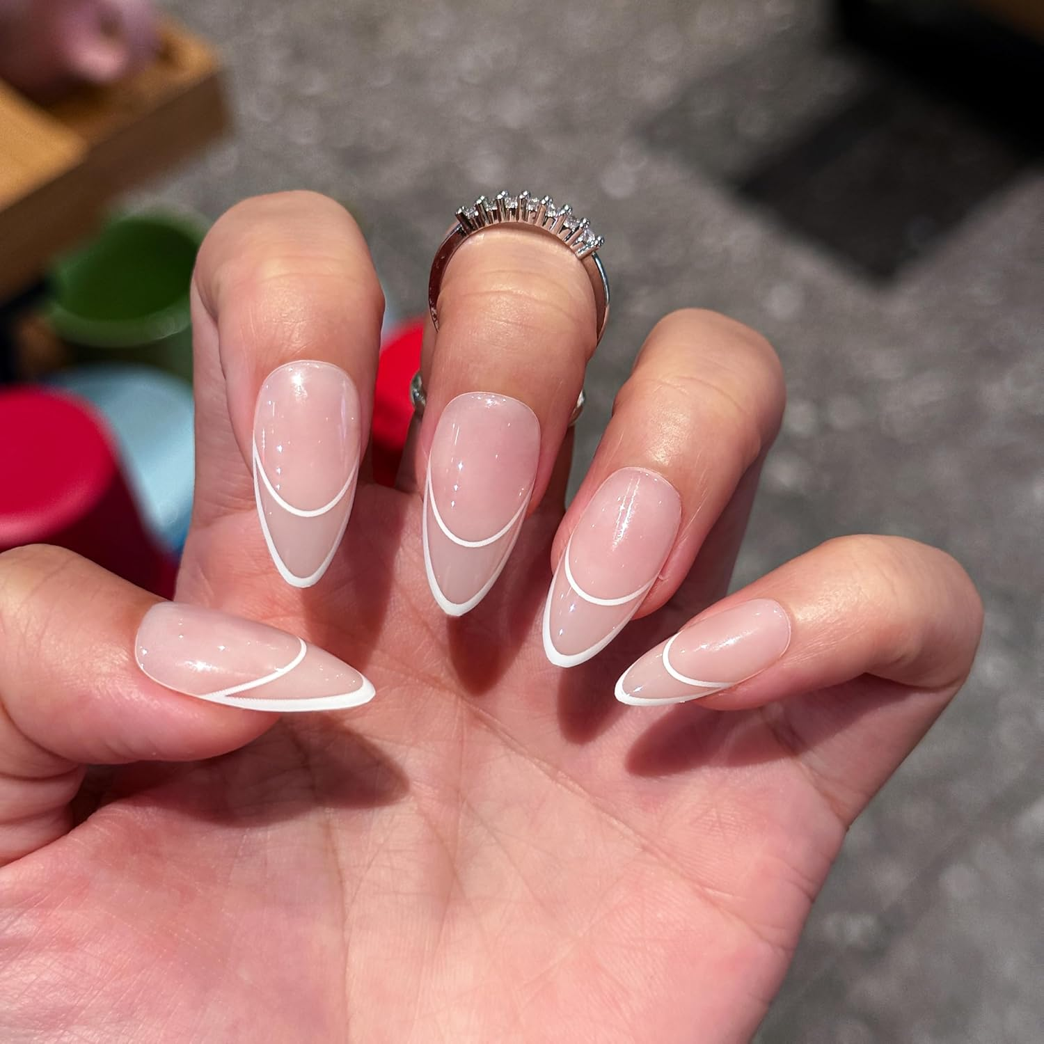 Chic Curve| Bianco Sue Press-On Nails | White Line French Almond False Nails, Reusable Stick-On Fake Nails with Adhesive Tabs and Glue | Salon-Grade Quality | Transparent Storage Box | 15 Sizes - 30 Nail Kit
