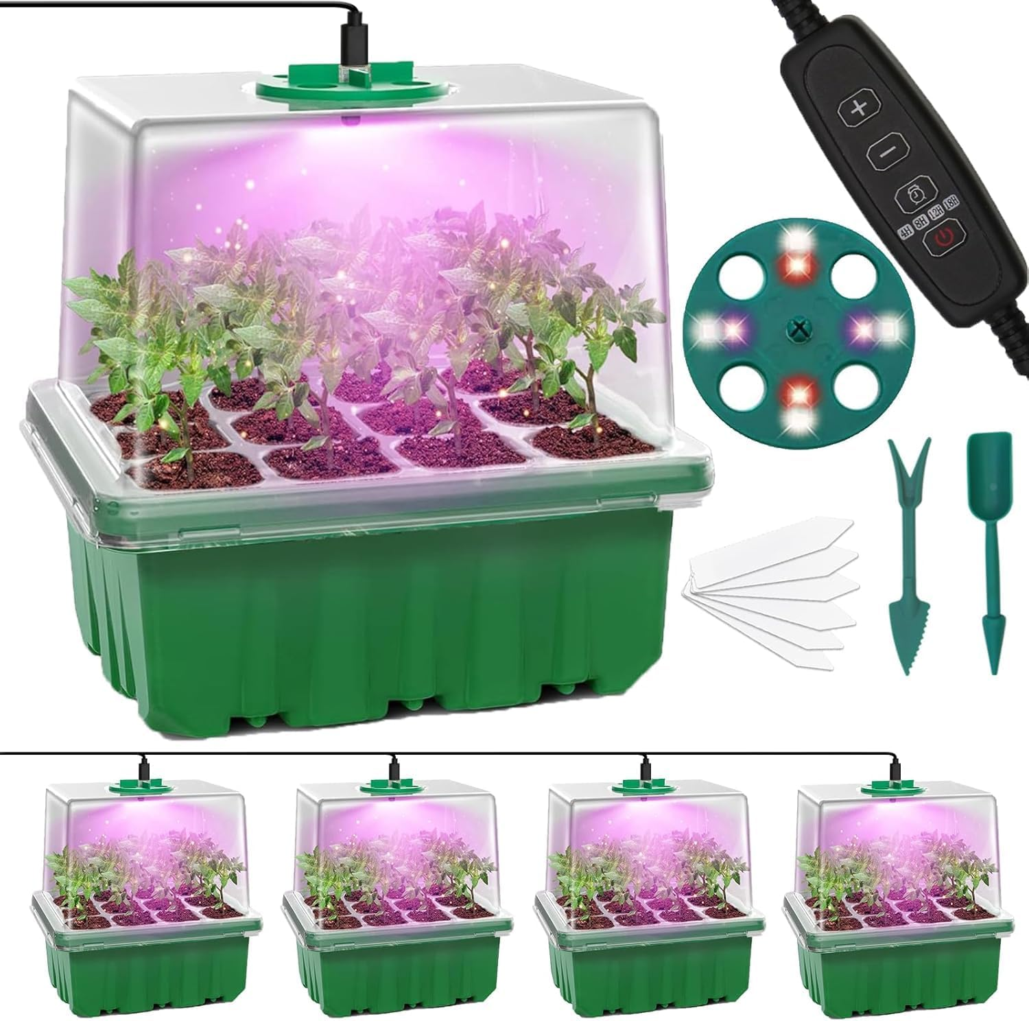Seed Trays with Grow Light, 5 Pack 60 Cells Growing Trays Propagator Growing Thicken Seedling Starter Adjustable Brightness & Humidity,2 Meters Timing Controller for Greenhouse Grow Plant Seed image number 1