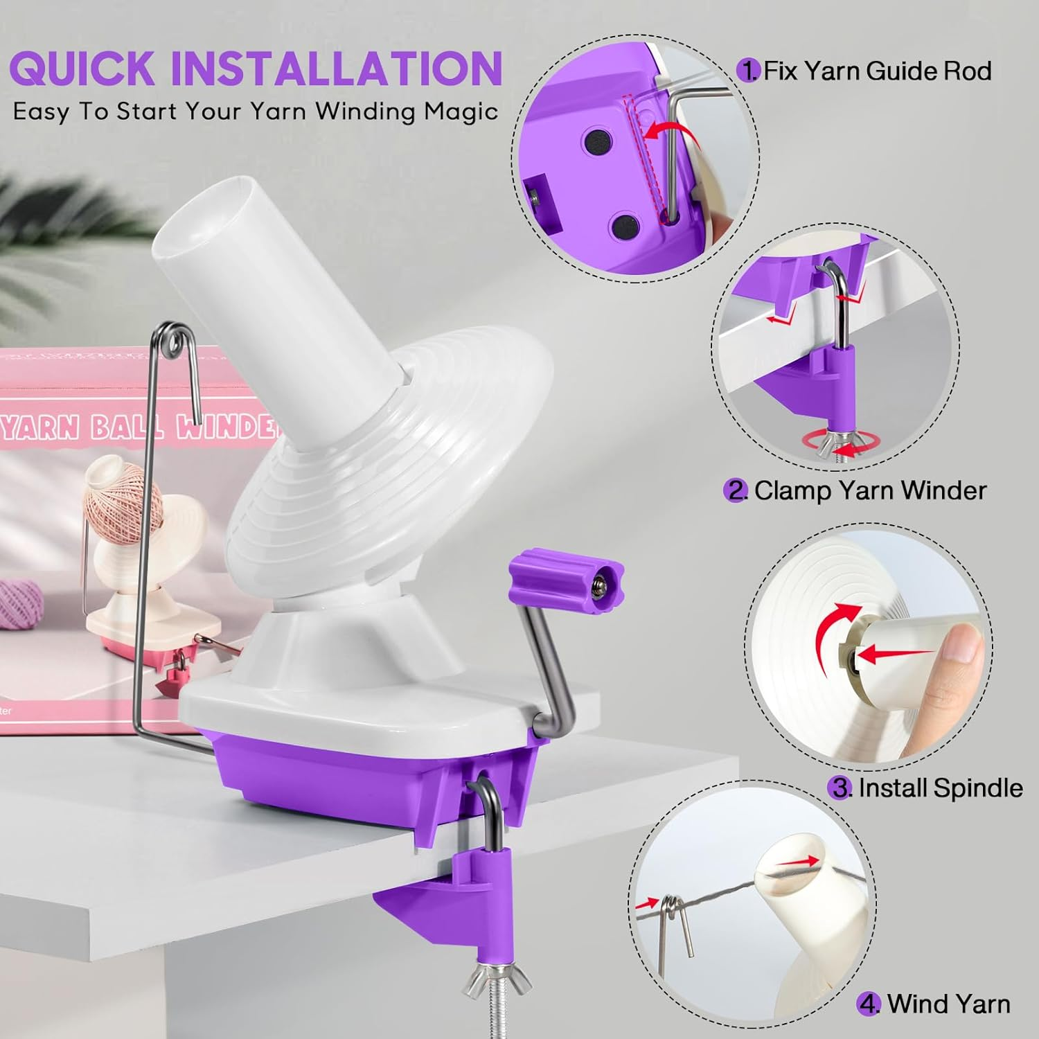 Anti-Slip Yarn Winder, Yarn Ball Winder for Crocheting, Efficiently Make Neat Yarn Cake, Yarn Winder with Lower Noise for Fiber and Wool Thread Balls, Knitting Lover'S Helper Gift (Purple) image number 3