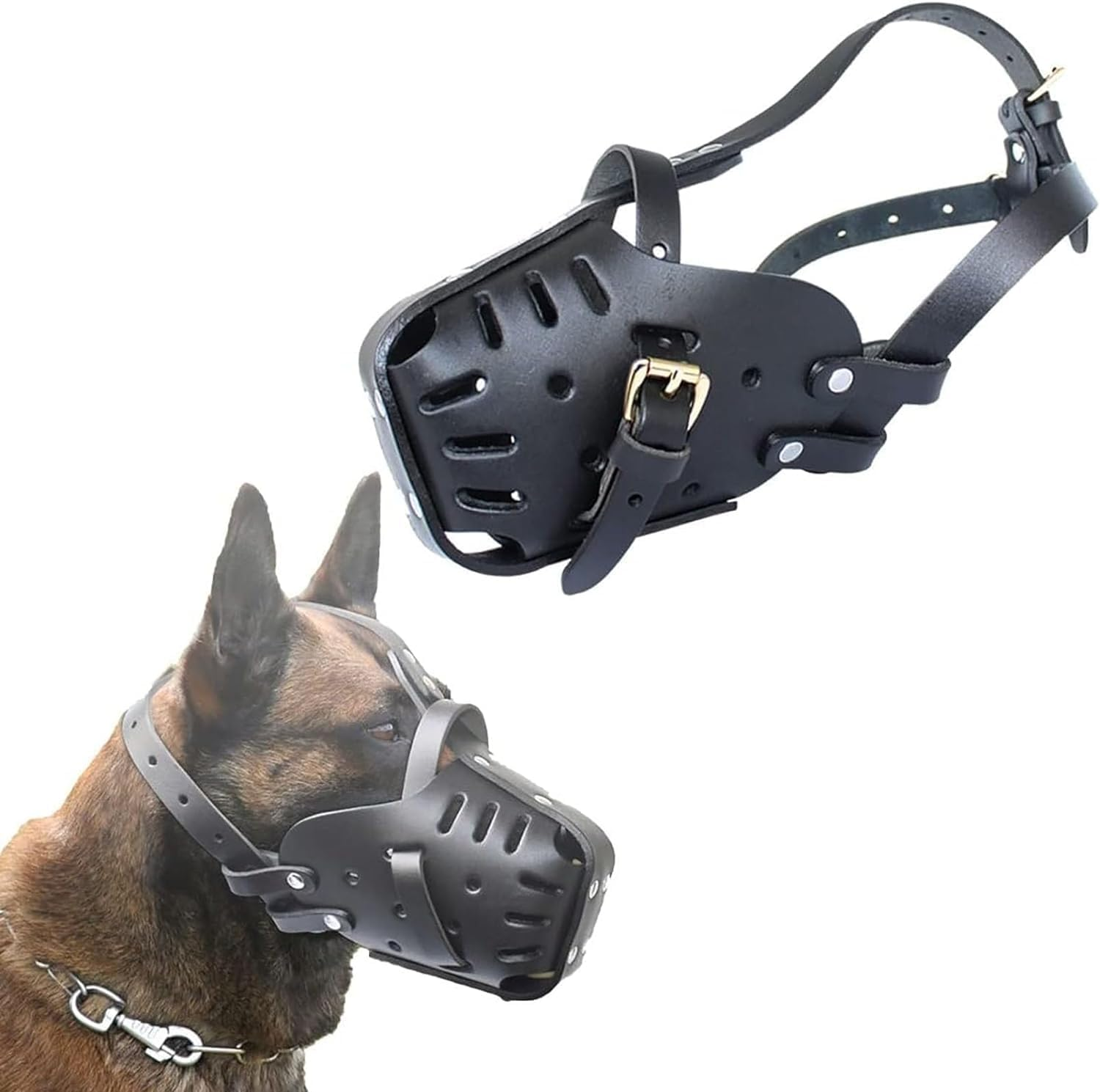 German Shepherd Malinois Muzzle, Leather Mouth Guard for Biting, Chewing, Grooming, Adjustable, Breathable, for Medium and Large Dogs, Black, Neck Circumference - 35 X 50 Cm