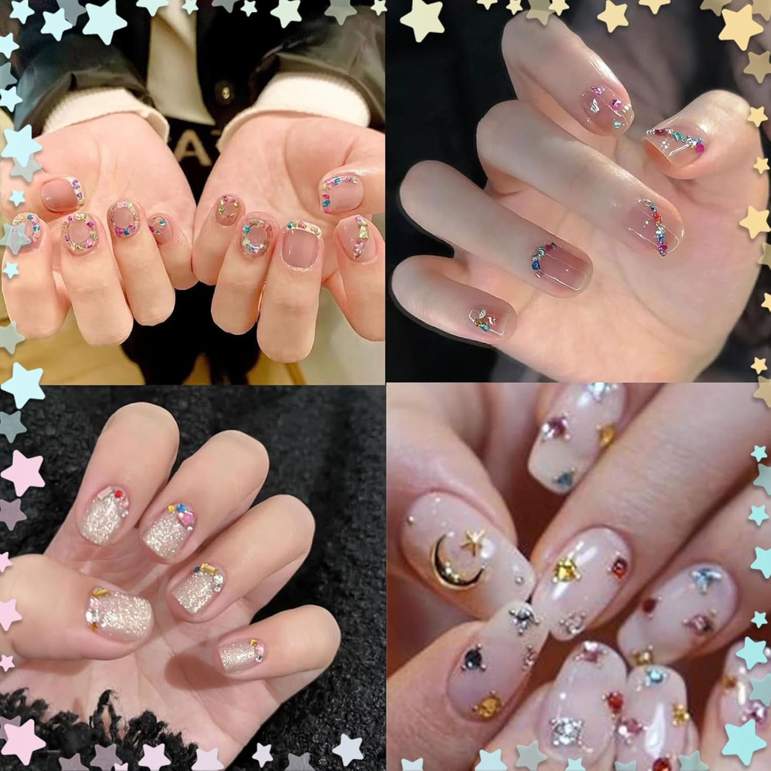 Lunarcharm 2000 Pieces Colorful Rhinestone Nail Art Pendants with Tweezers Multiple Shapes Crystals Flat Back Nail Gems 3D Mini Heart Star Nail Diamonds