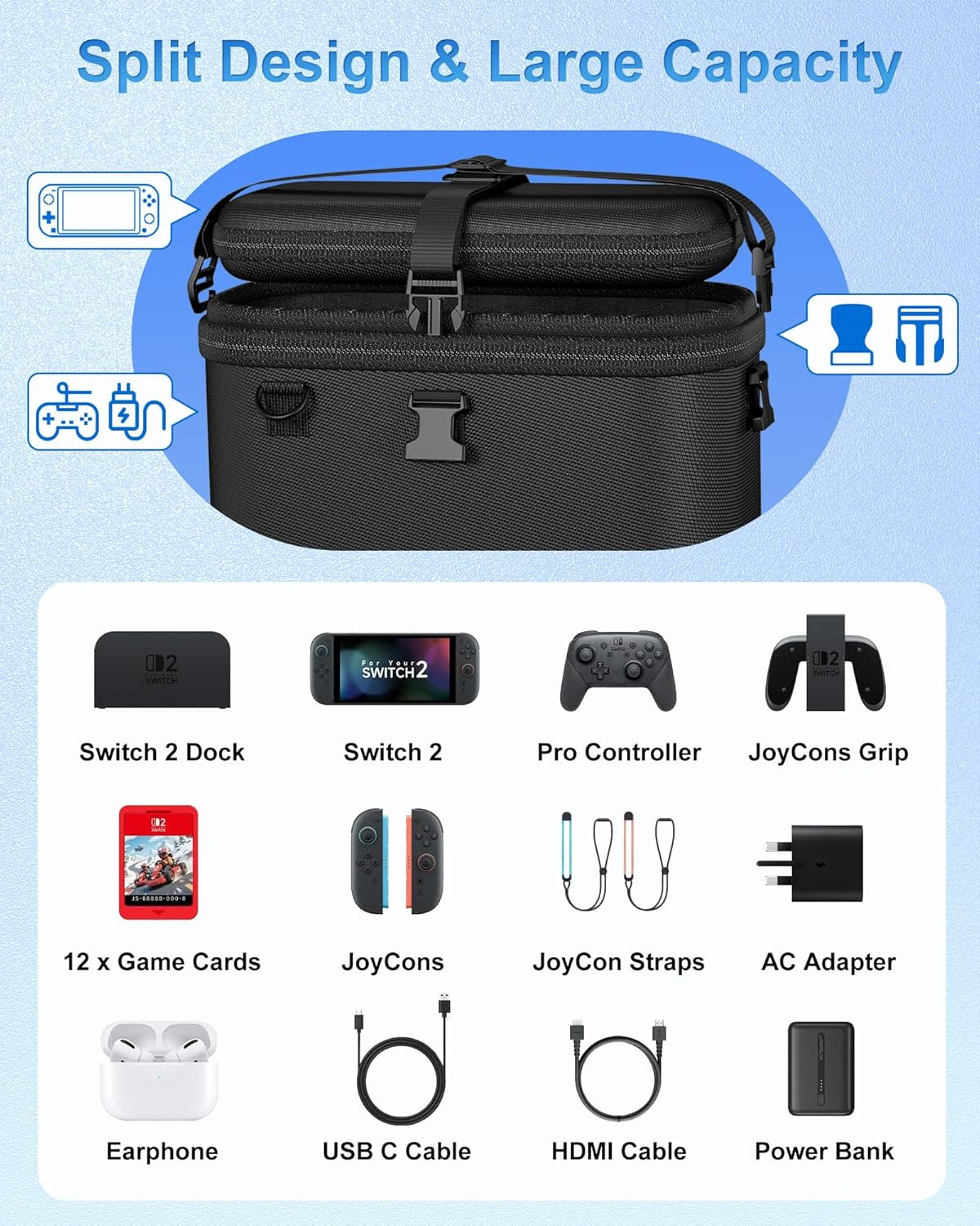 Procase 2-In-1 Carrying Case for Nintendo Switch 2 2025, Portable Hard Travel Bag with Detachable Layers, All in One Storage Box for Switch 2 Dock Console Controller Adapter and Accessories -Red&Blue - Black image number 7