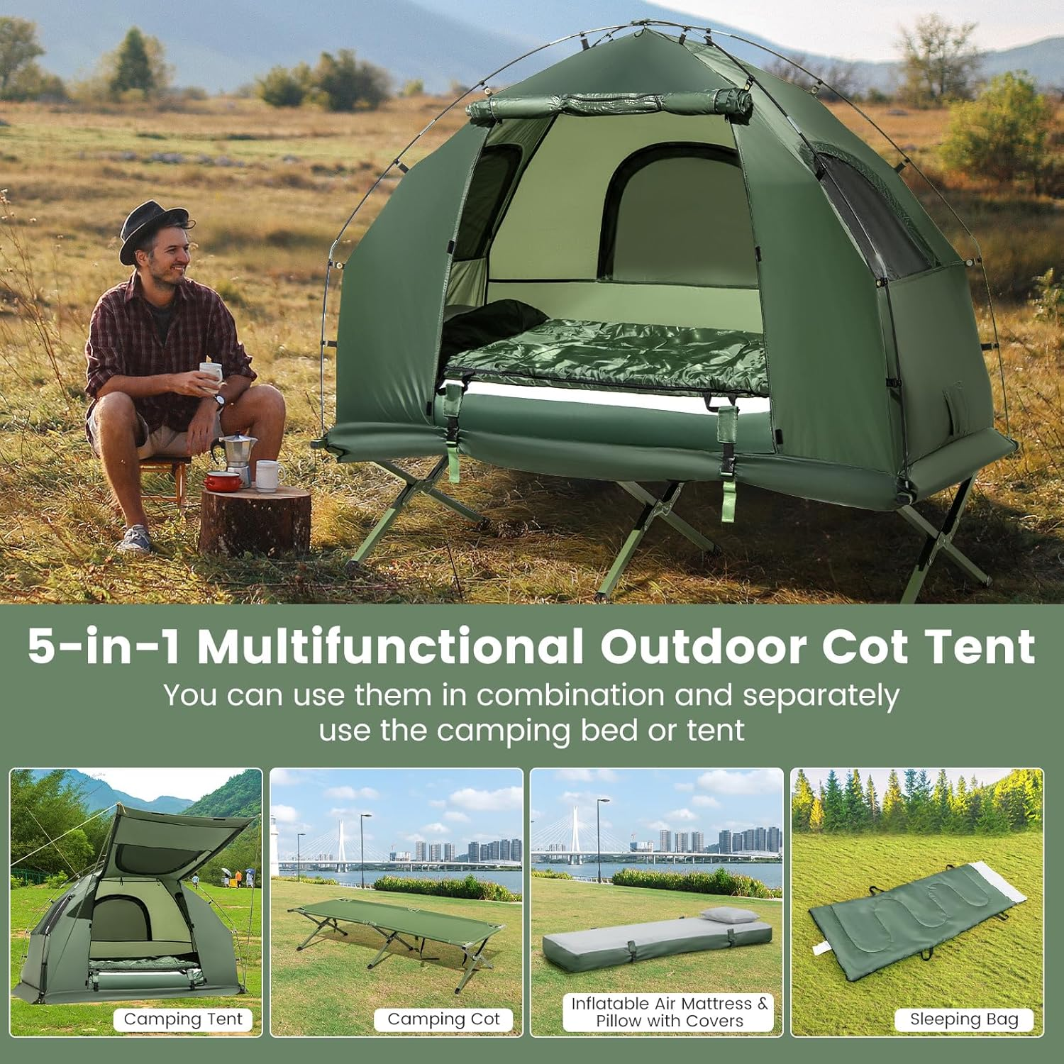 Costway 1-Person Camping Tent Cot, 5 in 1 Foldable Camping Tent with Air Mattress and Sleeping Bag, Elevated Travel Hiking Tent with Carry Bag, Waterproof Portable Sleeping Cot for Hiking, Traveling image number 5