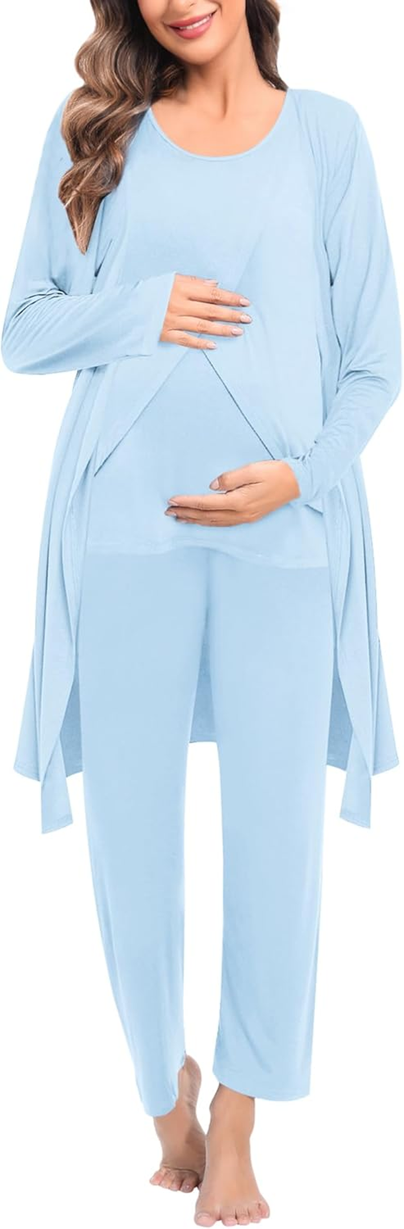 SWOMOG Maternity Nursing Robe Set 3 PCS Postpartum Breastfeeding Pajamas Hospital Pregnancy Pjs Double Layer Lounge Set