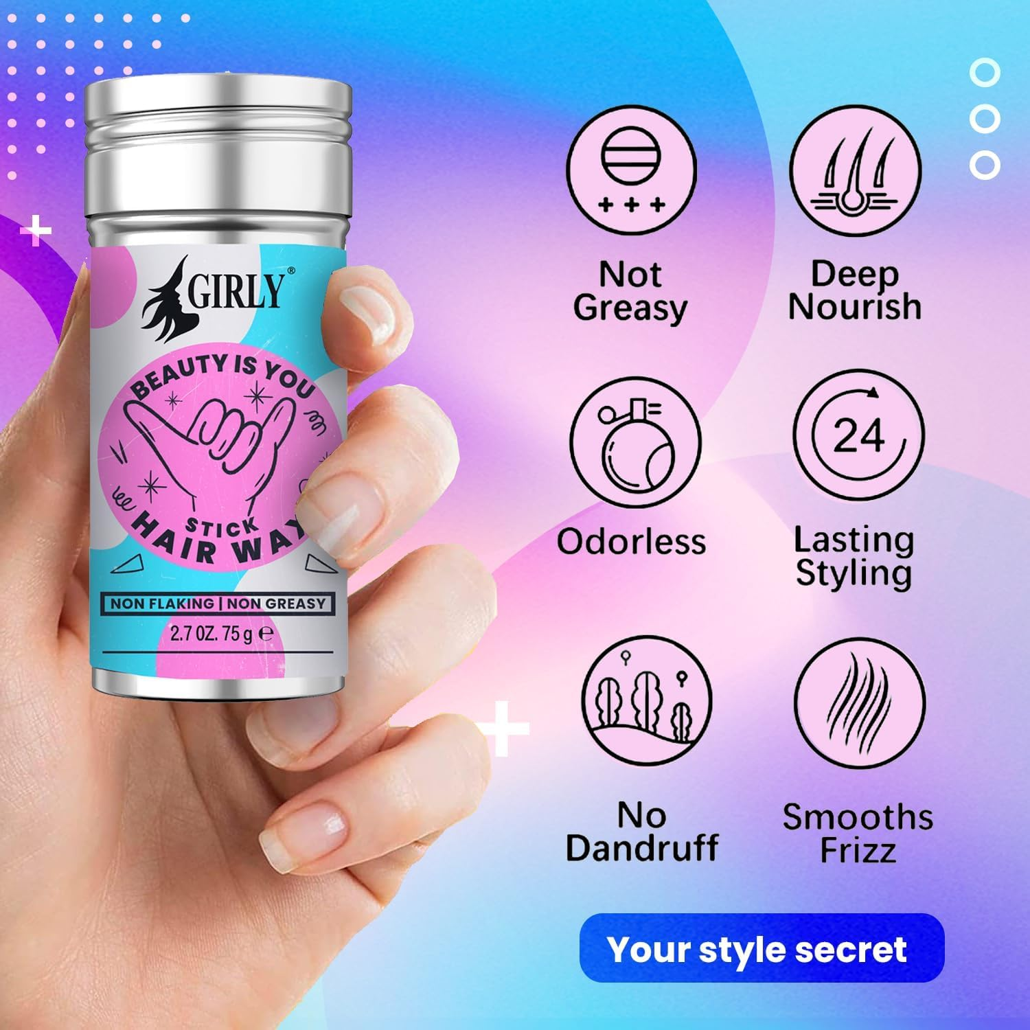 Girly Premium Hair Wax Stick & Slick Back Pink Hair Brush for Tame Flyaways, Frizz, Sleek Ponytail, Buns | Pomade/Balm/Gel Stick for Woman, Styling Accessories for Girls, Kids image number 2