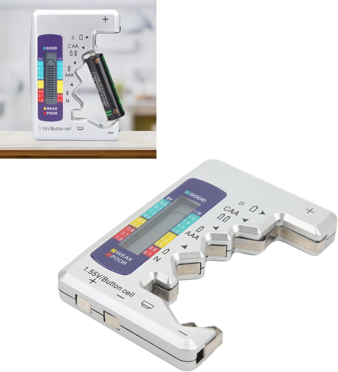 Battery Tester, Universal LCD Display Battery Checker Support D C N Type, AA AAA Battery, Button Cell Analyzer Power Measure Volt Checker Meter for Home (Silver) image number 6