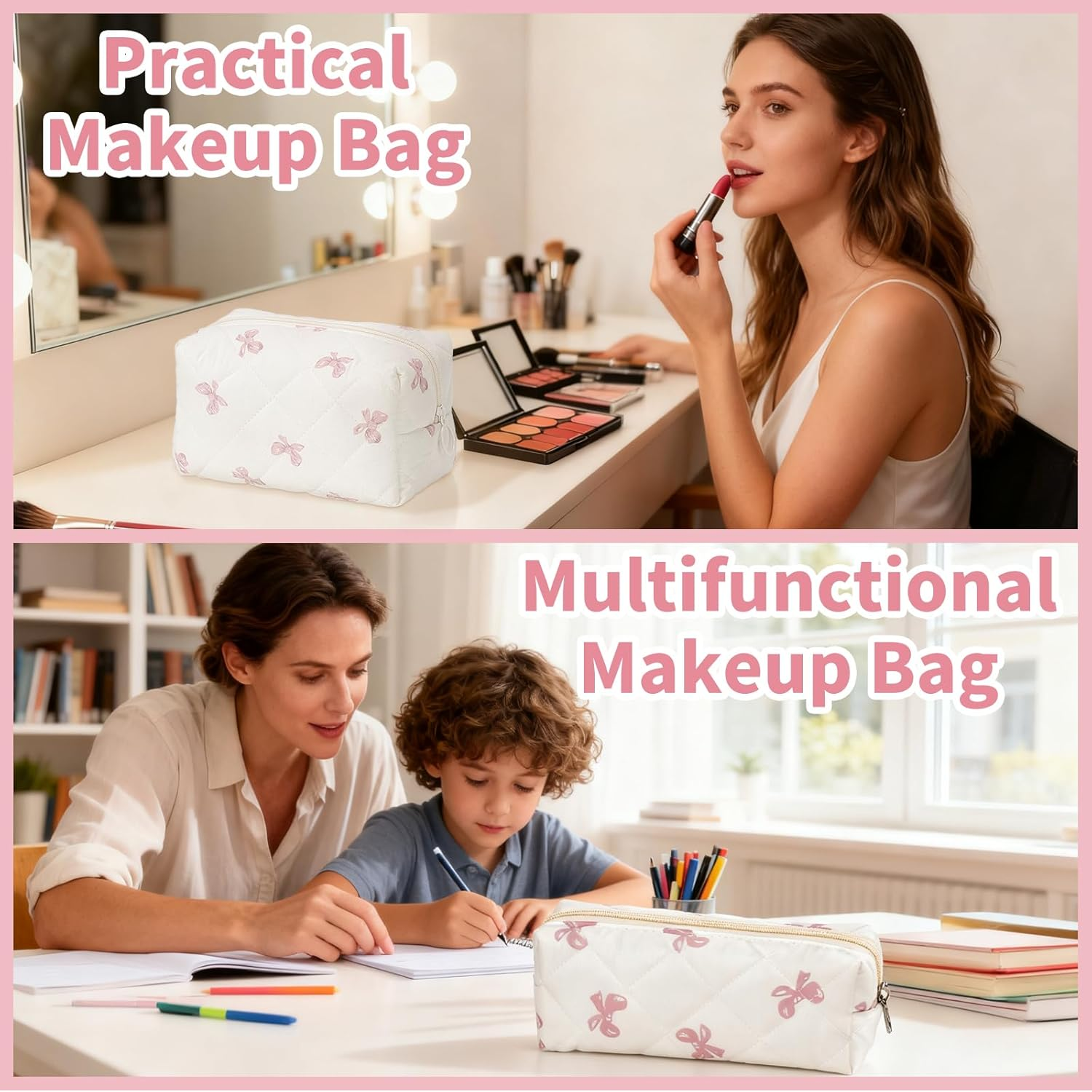 Pack of 2 Cosmetic Bags, Butterfly Knot Pattern Make up Bag with Zip, Soft Cotton Material Makeup Bag, Toiletry Bag for Women, Travel, Everyday, School (Cream White) image number 4