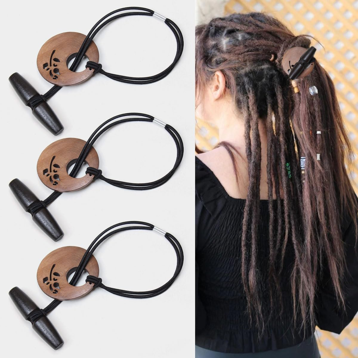 Kraler 3 Pcs Dreadlock Hair Ties for Thick Hair, Elastic Loc Bands with Hand-Carved Wooden Toggle, Boho Style Hair Accessories（White Brown Black）