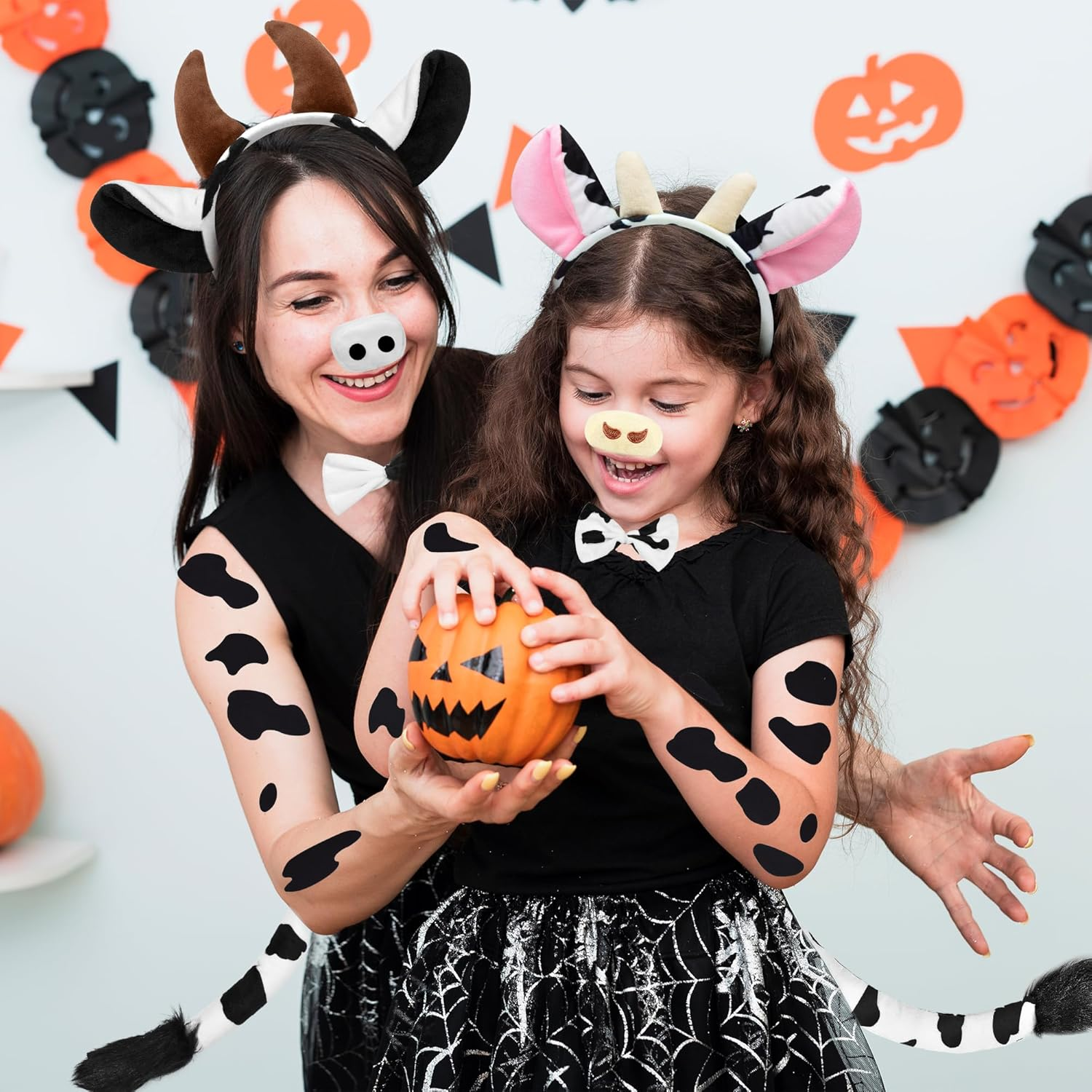 U-Zomir Cow Costume Set, Cow Ears Headband Nose Bow Tie Tail and 51Pcs Adhesive Felt Pads for Halloween Cosplay DIY Dress Up - Black image number 5