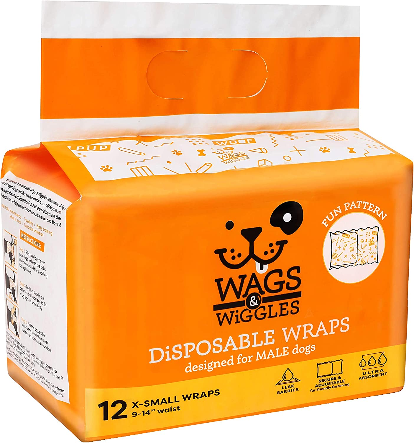 Wags & Wiggles Disposable Wraps for Male Dogs, X-Small, 12 Pack image number 1