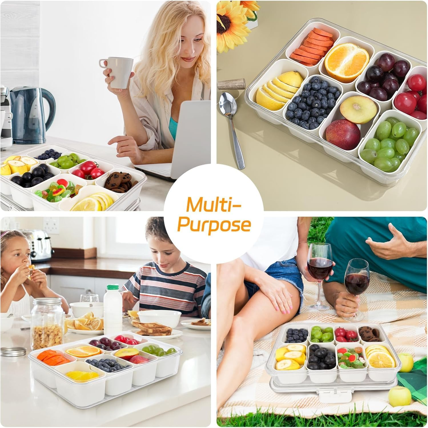 2 Pack Divided Serving Tray with Lid and Handle - Divided Snack Tray for Portable Snack Platters - Clear Organizer for Candy, Fruits, Nuts, Snacks - Perfect for Party, Entertaining (2 Pack) image number 1