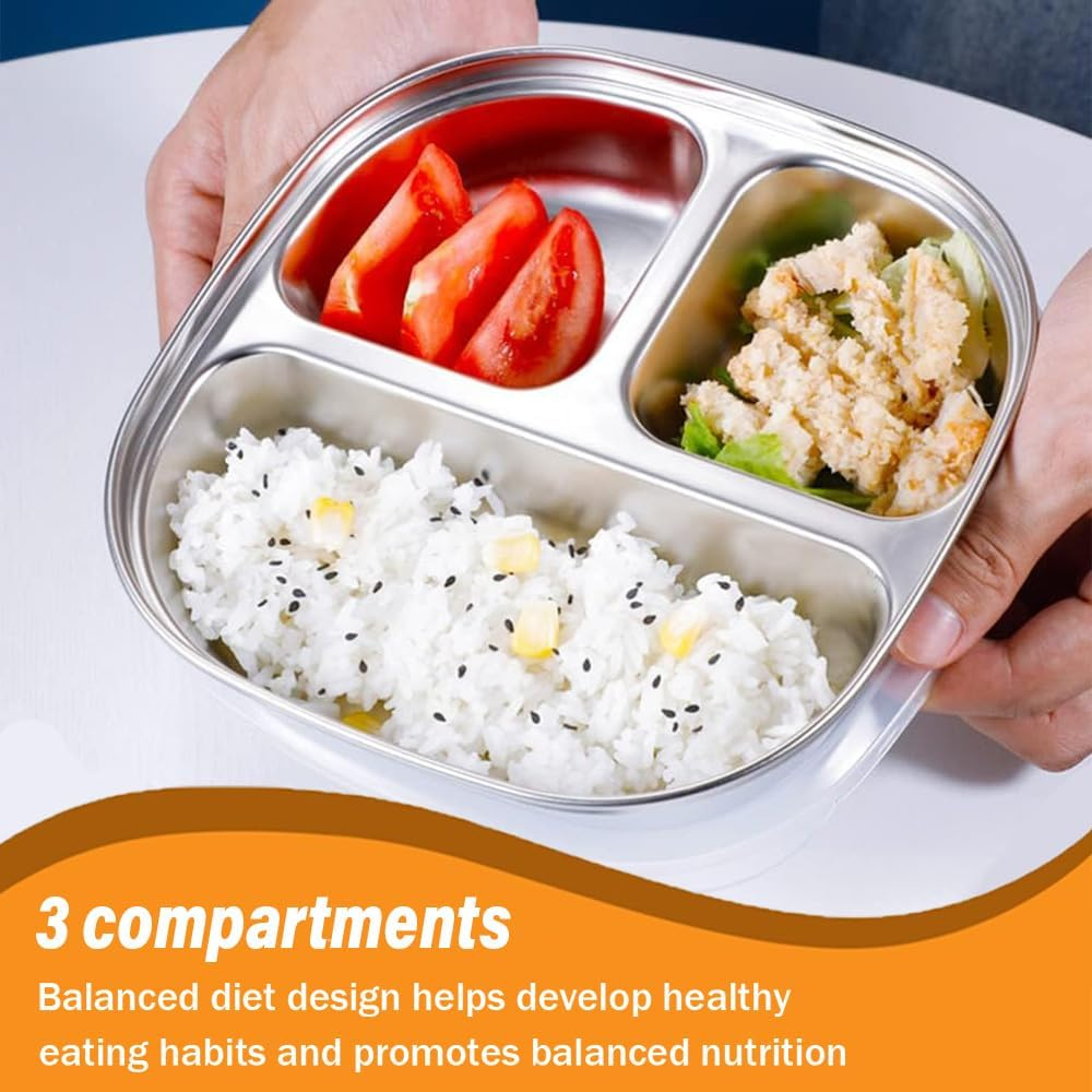 SHENMAIDAY 4-Pack Stainless Steel Small Dinner Plates, Stainless Steel Trays, Portion Control Divider Trays with Lids, 3-Compartment Lunch Divider Trays, Family Camping Metal Food Trays