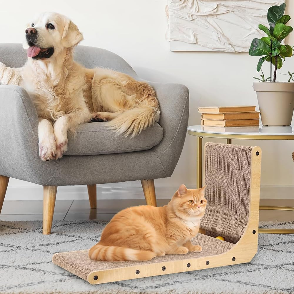 Large Cardboard Cat Scratcher Board, 70 CM L Shape Cat Scratch Pad Wall Mounted,Cardboard Cat Scratcher for Indoor Cats with Ball Toys image number 2