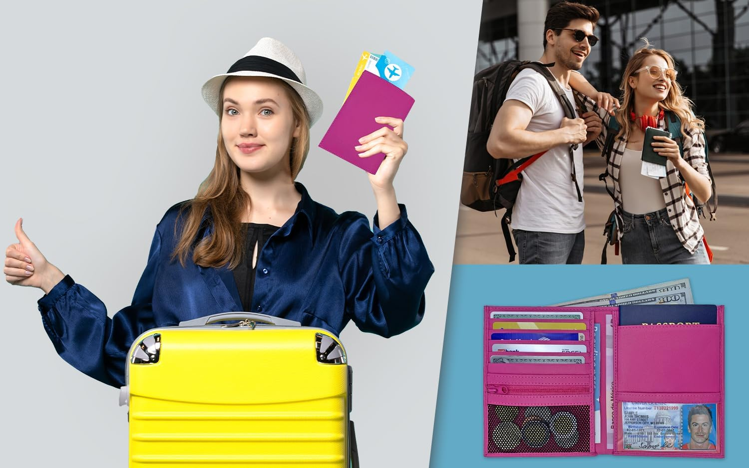 Hot Pink Purple RFID Blocking Genuine Leather Travel Passport Wallet Holder - Blue image number 3