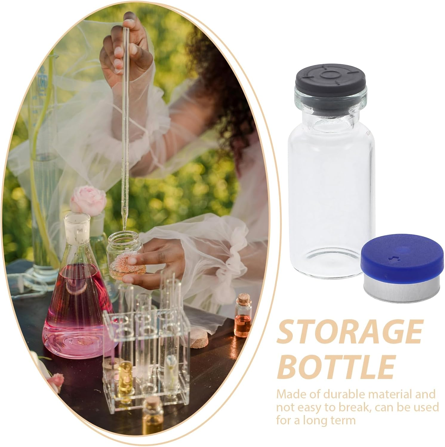 MUCKLILY 12 Pcs Clear Glass Vials Glass Headspace Vials with Plastic-Aluminum Flip Caps and Rubber Stoppers Flat Bottom Lab Vials 3Ml image number 5