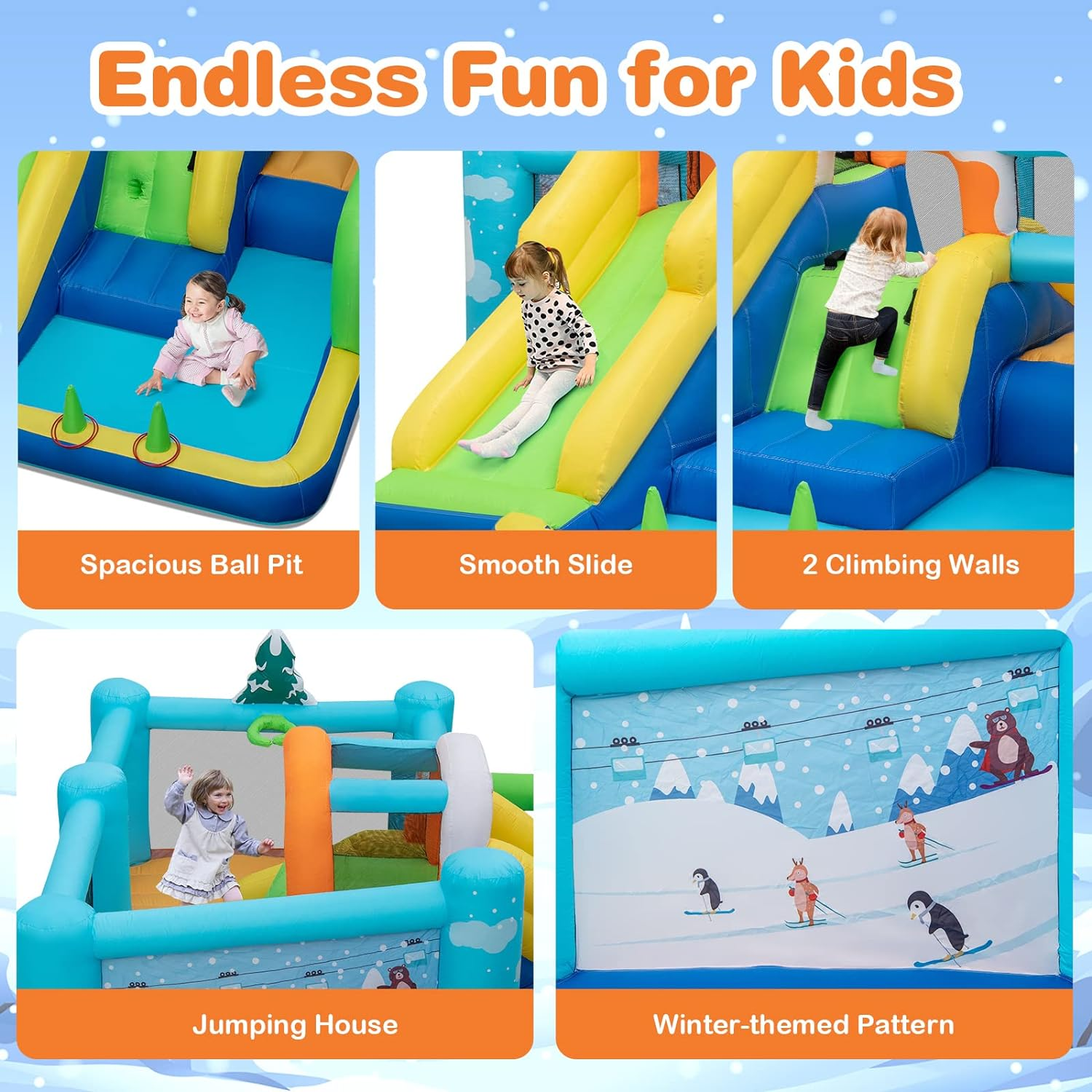 HONEY JOY Kids Inflatable Water Slide, 7-In-1 Outdoor Kids Jumping Castle W/Long Slide, Large Ball Pit, Double Climbing Walls, Basketball Hoop, Pitching Game & Ring-Toss Game (With 680W Blower) image number 5