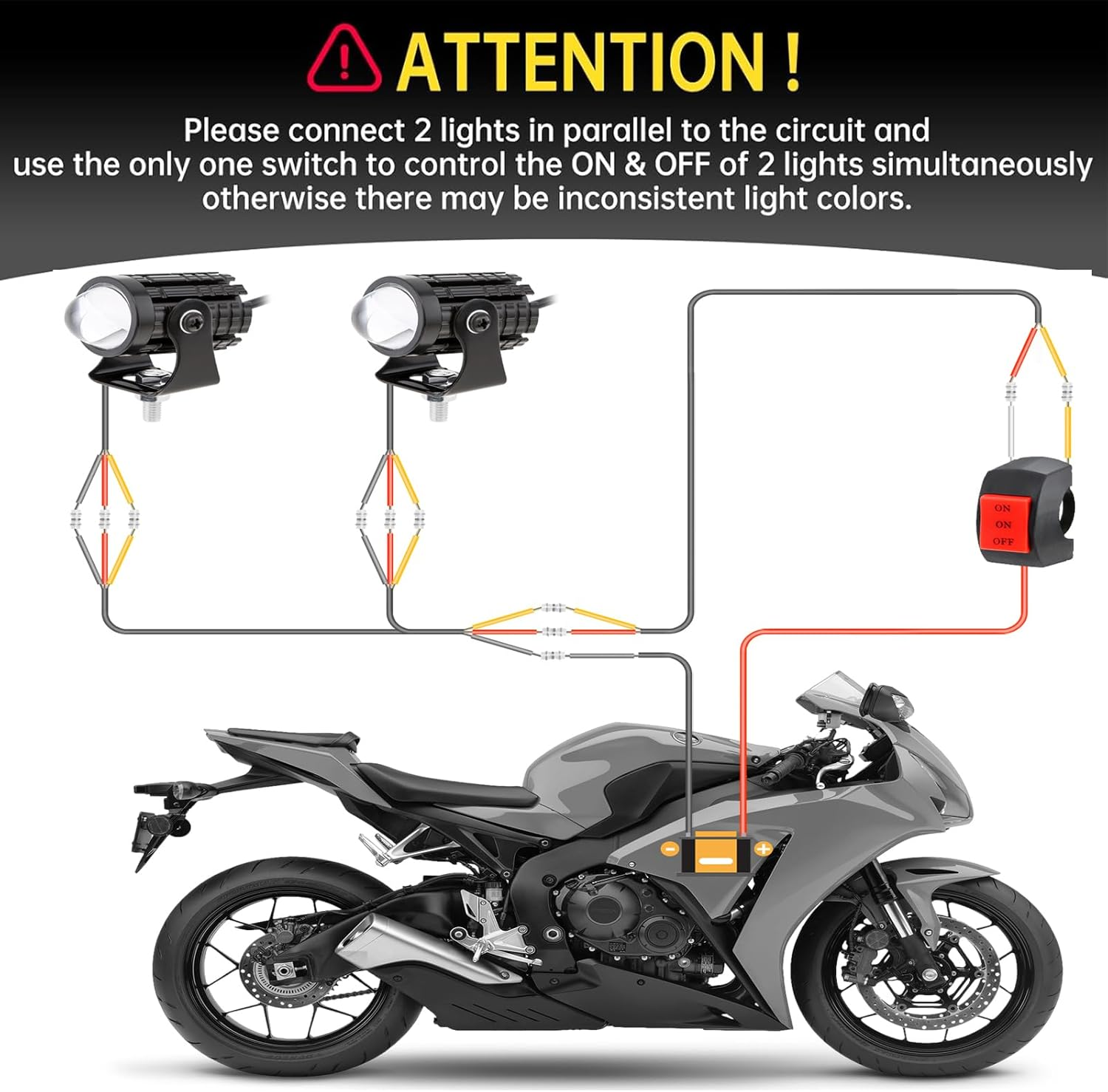 Windance 2Pcs 32W LED Motorcycle Headlight with Switch, Yellow White Dual Color Hi/Lo Beam for Motorcycle, 2400LM 3000K 6000K Crash Bar Front Fork Spotlight image number 5