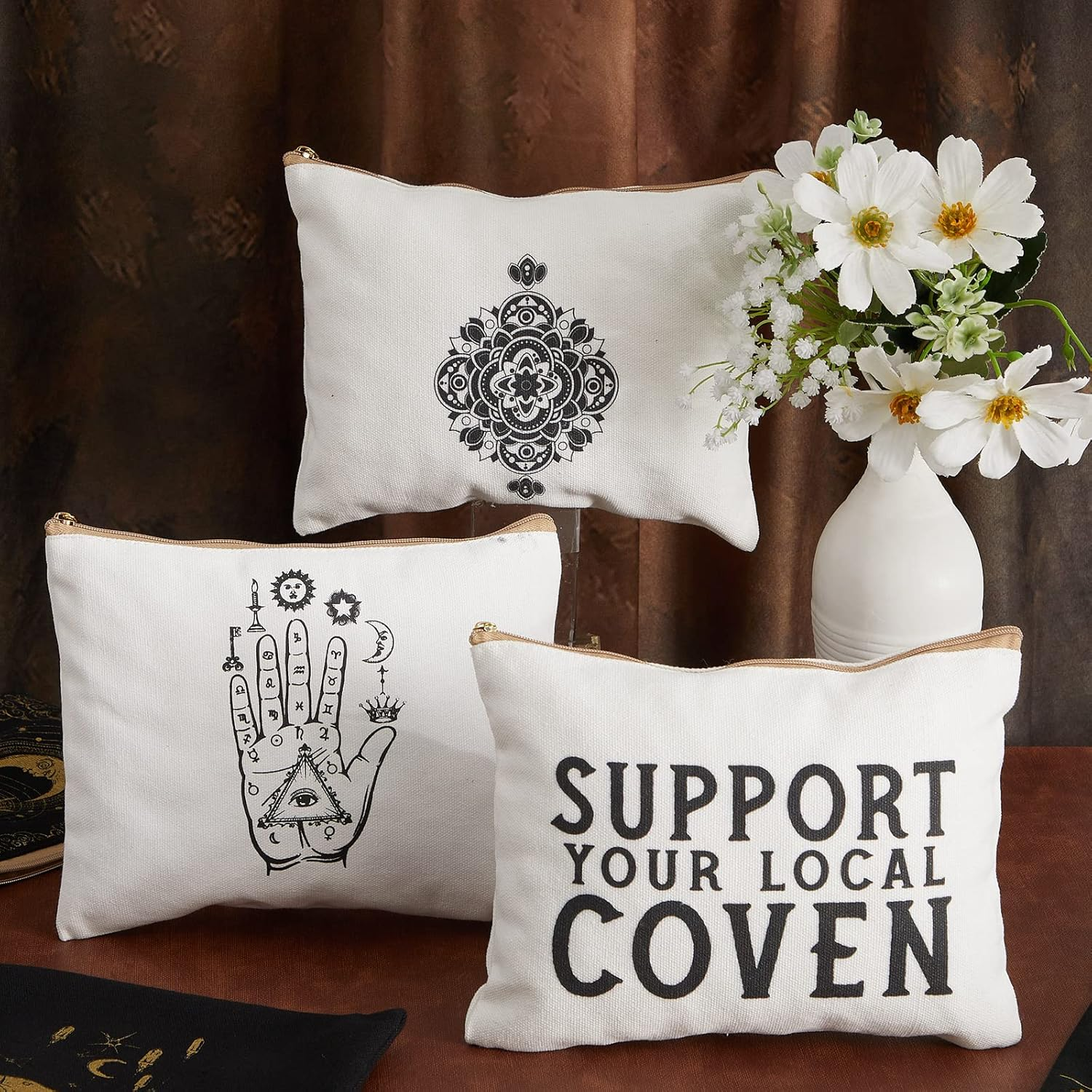 9 Pieces Moon Witch Zipper Pouch Bag Tarot Cards Phase Bag Witch Purse Gothic Aesthetic Canvas Makeup Bags Witchy Crystals Toiletry Bags Witchcraft Snake Cosmetic Bags for Women Girls, Black image number 1