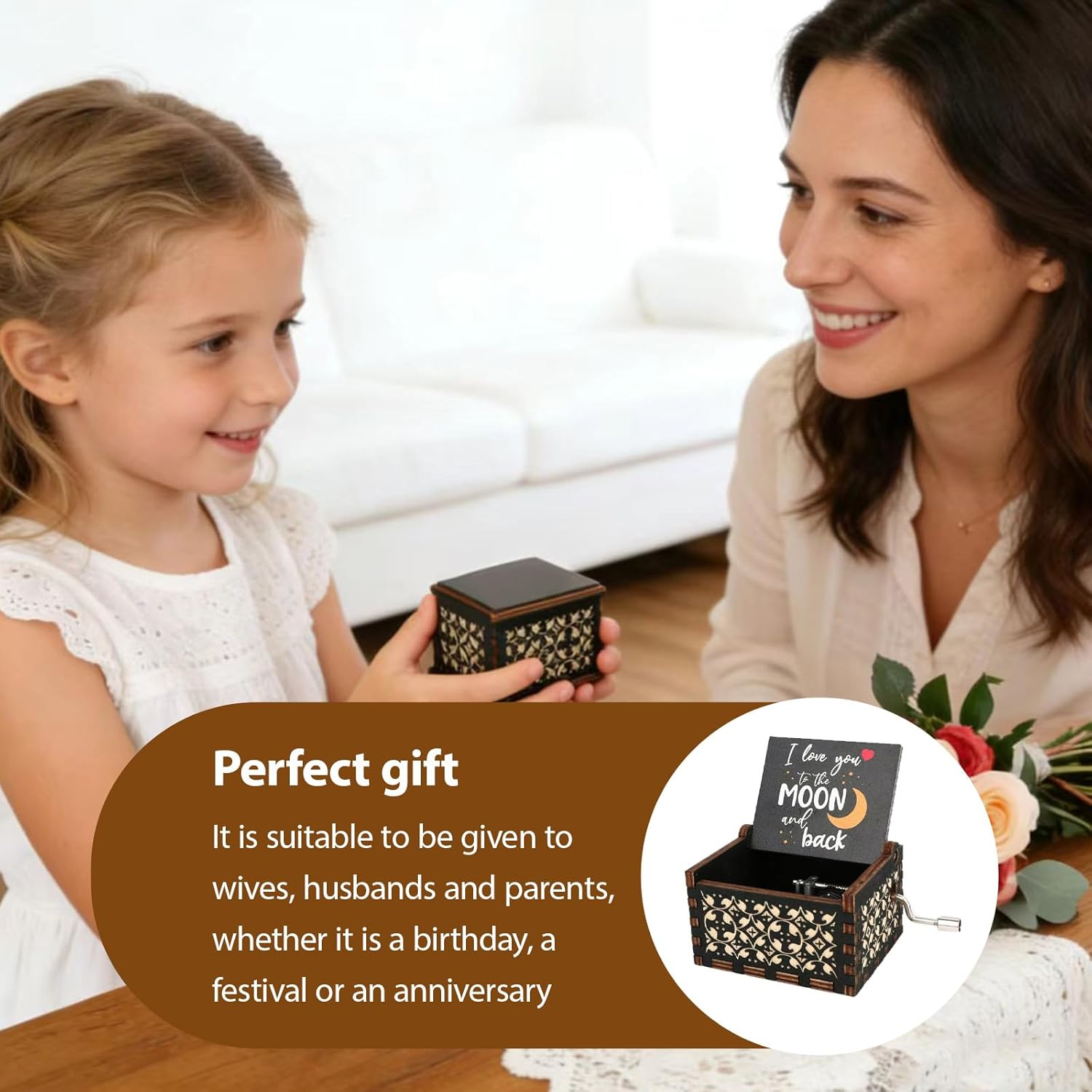 You Are My Sunshine Wooden Hand-Crank Music Box, Vintage Design with &lsquo;I Love You to the Moon and Back&rsquo; Carvings, Wife, Girlfriend, Boyfriend ，Wedding Anniversary, Birthday