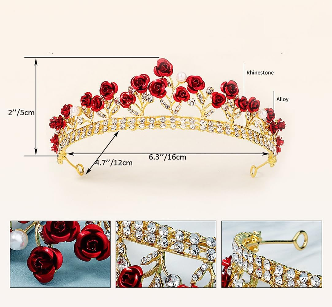 Glitter Red Rose Rhinestone Pearl Tiara Bride Princess Floral Crown Headband Headpiece Hair Jewelry for Wedding Party Birthday image number 1