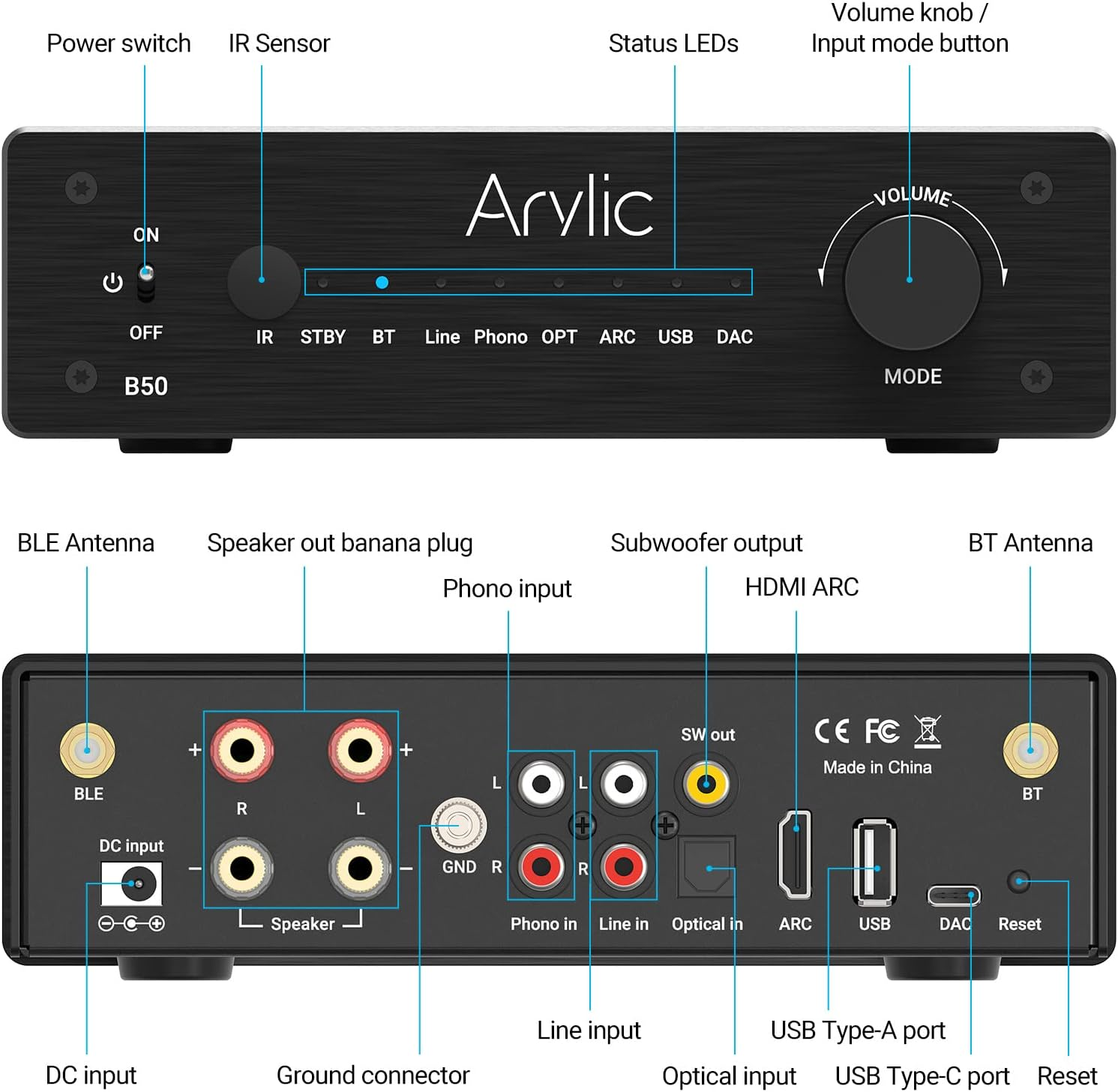 Arylic B50 2 Channel Bluetooth Amplifier with Audio Transmitter, 50W*2 Home Stereo Amplifiers with HDMI Arc,Dac,Phono in and Free APP. Support Aptx HD Music Transmission & Reception. image number 1