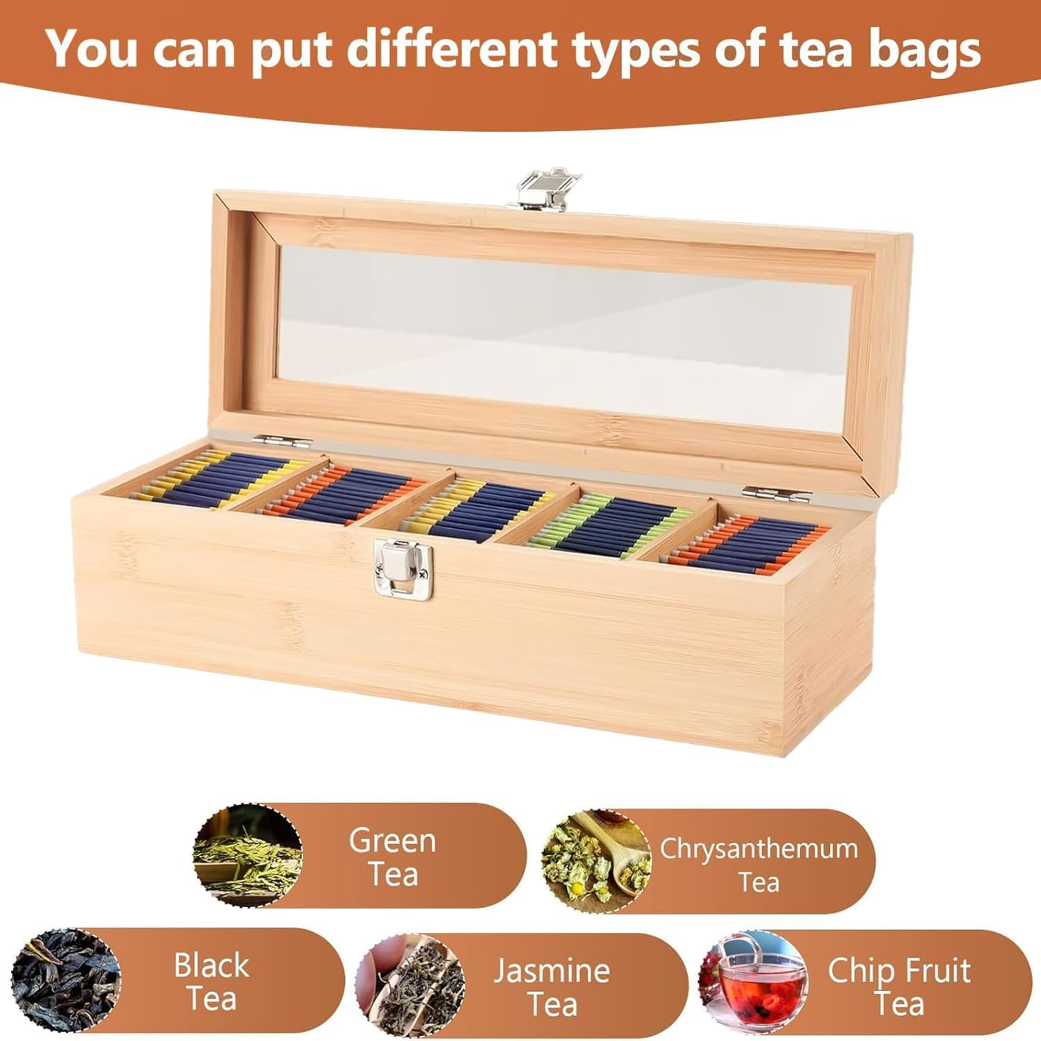 Tea Bag Organiser,Bamboo Tea Box,5 Compartments Tea Organiser,Tea Organiser Box with Clear Window,Tea Storage Containers, Tea Container for Tea Bags Coffee Spices Home image number 2