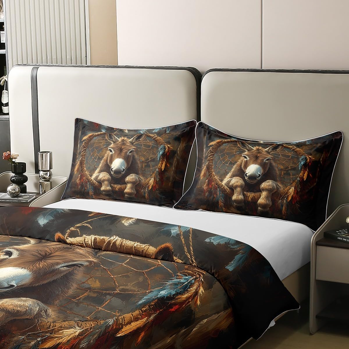 100% Cotton Donkey Duvet Cover, Dream Catcher Bed Linen Set, Boho Feather Soft Breathable Comforter Cover, 135 X 200 Cm, Farm Animals Bedroom Decor with 1 Pillowcase, Brown, Red, Black Bed Set image number 4