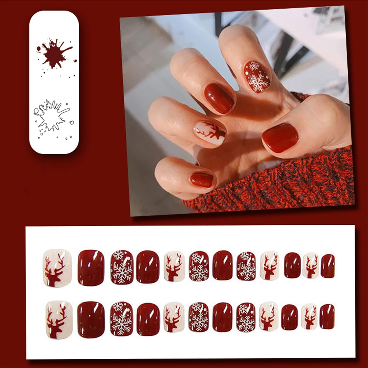 NICENEEDED 24PCS Christmas Press on Nails, Short Fake Nails Snowflake Artificial Nails, Reindeer False Nails Xmas Red Stick on Nails for Manicure Art Decorations image number 2