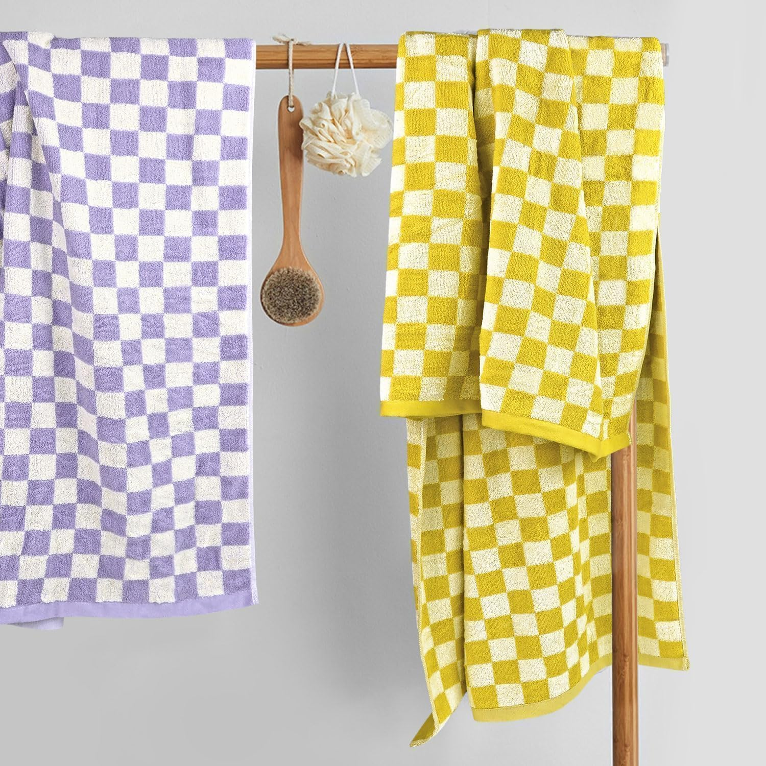Jacquotha Checkered Bath Towel Set in Yellow and Lilac, Soft Decorative Towels for Bathroom Spa Beach, Large Shower Towels 2 Pack 55&rdquo; X 27.5&rdquo; image number 4