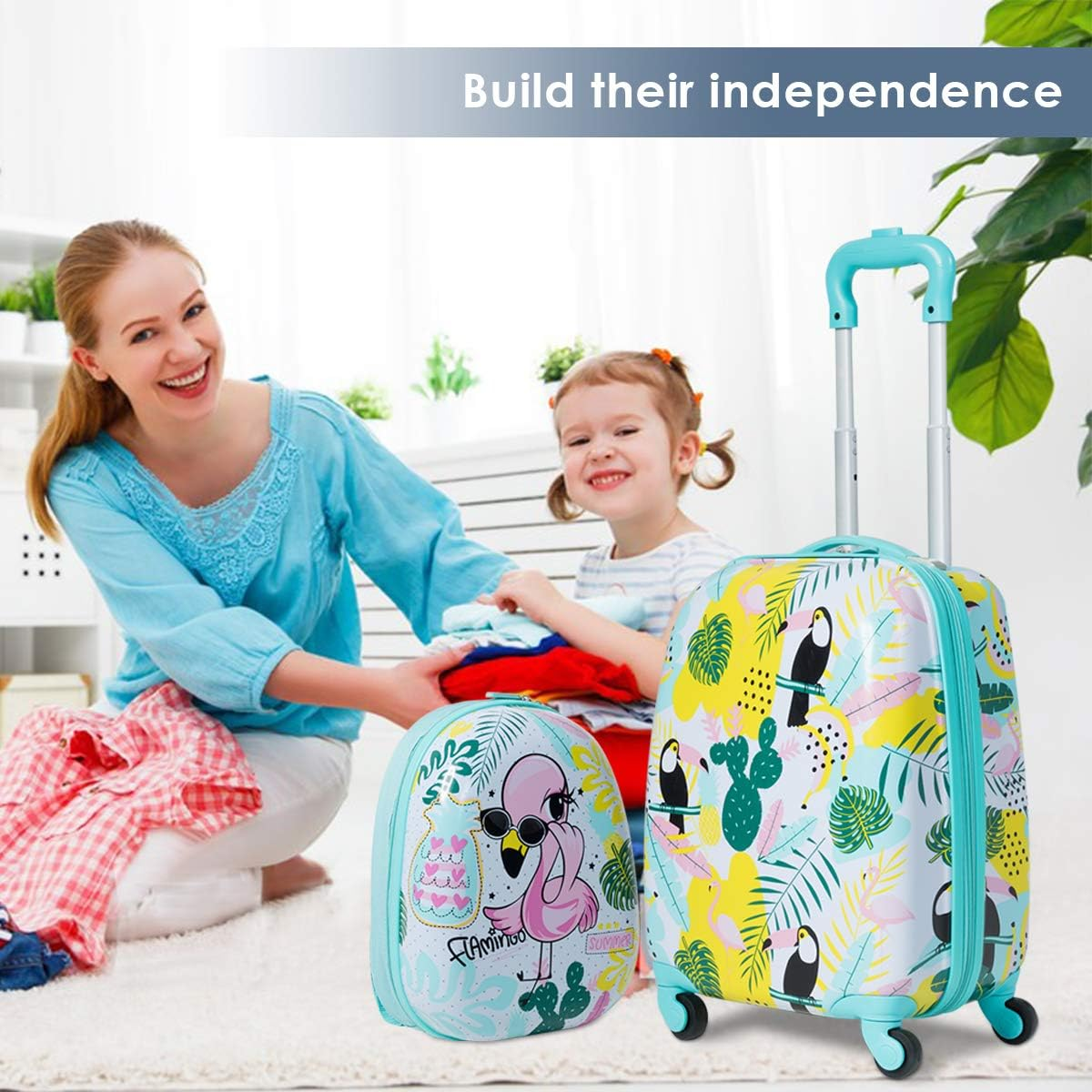 2PCS Kids Luggage Set Carry on with Spinner Wheels & Cute Flamingo Pattern, Adjustable Trolley Rod Height & Backpack Shoulder Strap, Kids Luggage Set Made of ABS, Polycarbonate & Nylon Material image number 3