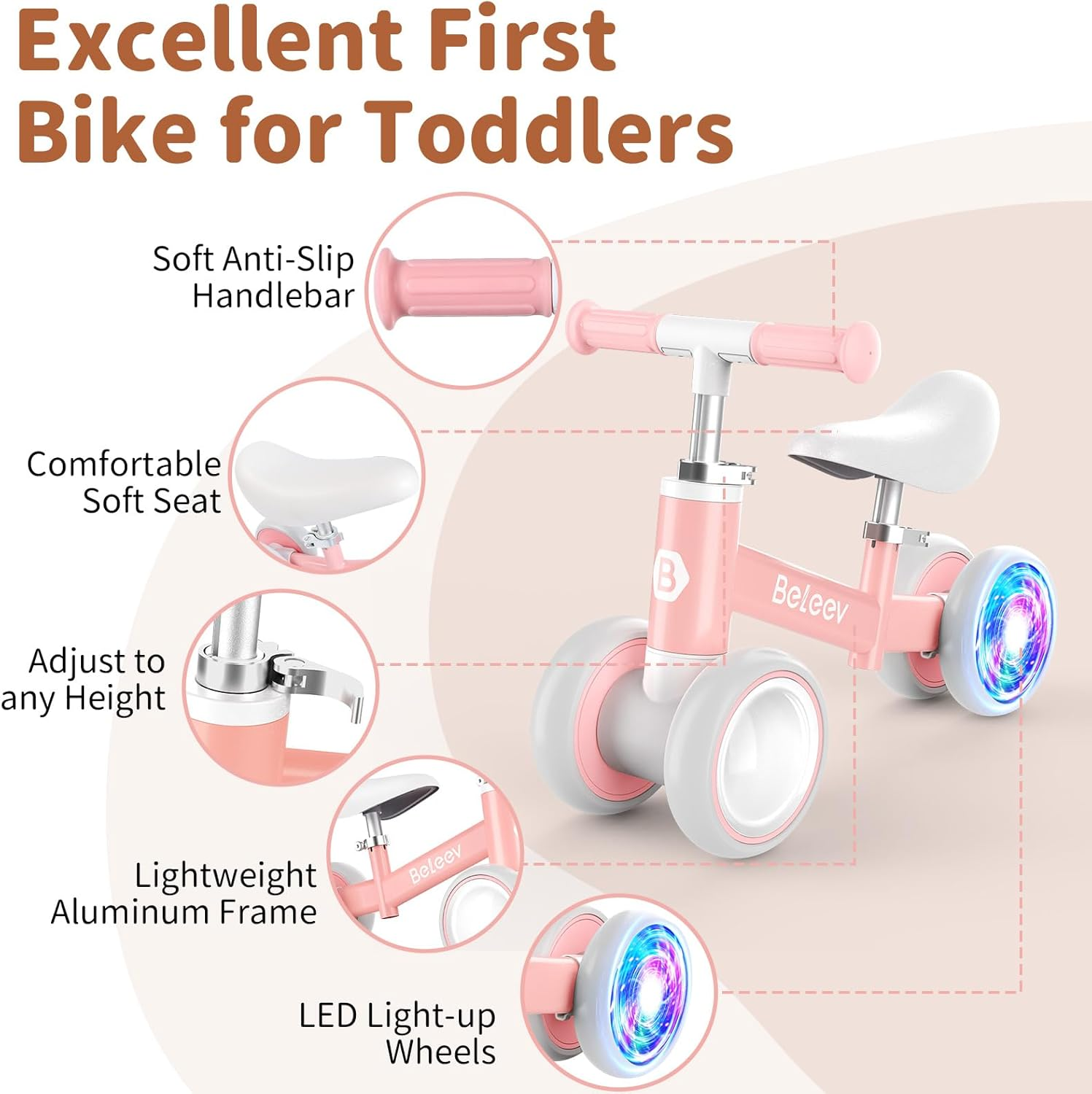BELEEV B3 Colorful Lighting Balance Bike for 1-3 Year Old Boy Girl, Light-Up Wheels, Adjustable Seat & Handlebar, 135&deg; Safe Limited Steer, Soft Seat, Toddler Baby Bike First Birthday Gift 10-36 Month image number 4