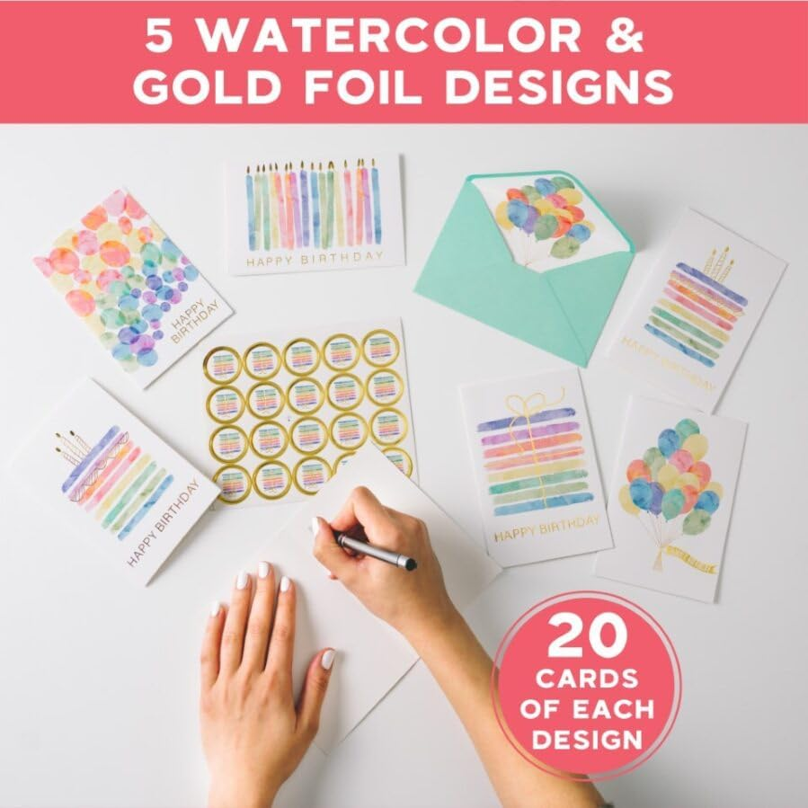 VNS Creations 100 Happy Birthday Cards, Assorted Watercolor & Gold Foil Blank Birthday Notes Pack, Bulk Boxed Assortment Set of Greeting Note Cards W/Envelopes & Stickers