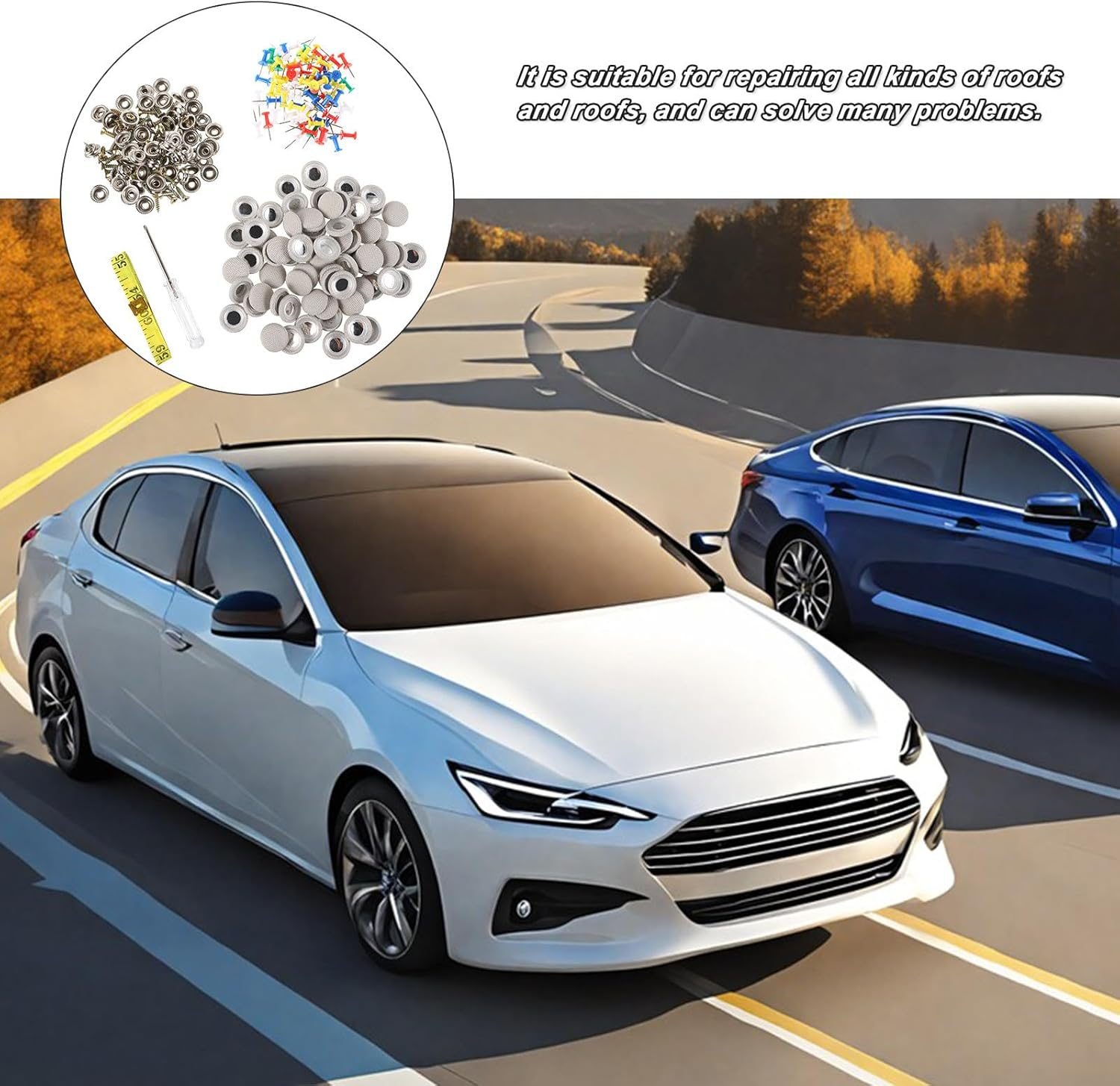 Alipis 70PCS Car Ceiling Fabric Repair Kit with Gray Plaid Headliner Clips, Car Roof Liner Fixing Pins for Interior Headliner Replacement and Auto Roof Lining Repair in Vehicles