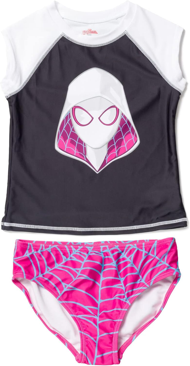 Marvel Spider-Man Spider-Gwen Girls UPF 50+ Rash Guard & Bikini Bottom Swimsuit Set Toddler to Little Kid, Black/Purple image number 3