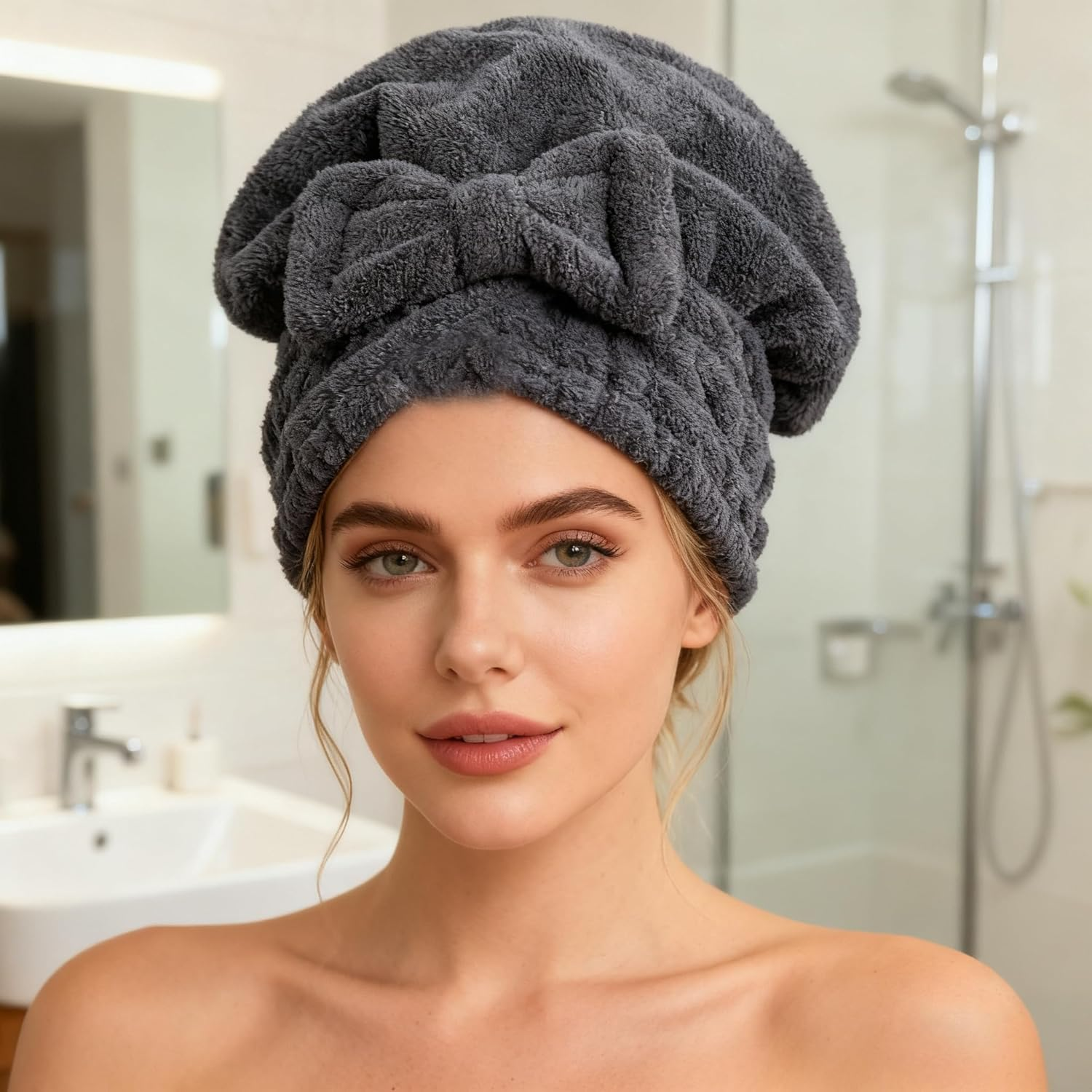 MAYOUTH Microfiber Hair Drying Caps Hats Extrame Soft & Ultra Absorbent Fast Drying Hair Wrap Towels Quick Drying Towel Hat for Women and Girls (Darkgrey+Rose Red)