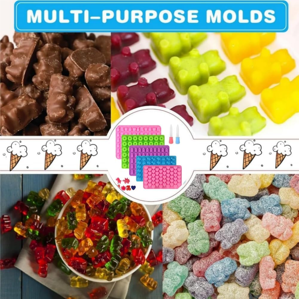HIDOSNG 5Pcs Gummy Bear Candy Molds Silicone Gummy Molds 2 Dropper, Non-Stick Silicone Candy Mold Including Mini Dinosaur, Bear Shape, Heart, Donut Fruit for Jelly Chocolate (Pink+Green+Purple+Blue) image number 1