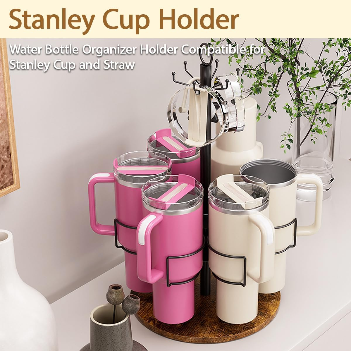 Blissify Water Bottle Organiser for Stanley 40Oz/30Oz Tumbler with Handle & Hooks, Rotating Stanley Cup Organizer Holder, Tumbler Storage Lazy Susan, Vintage Brown