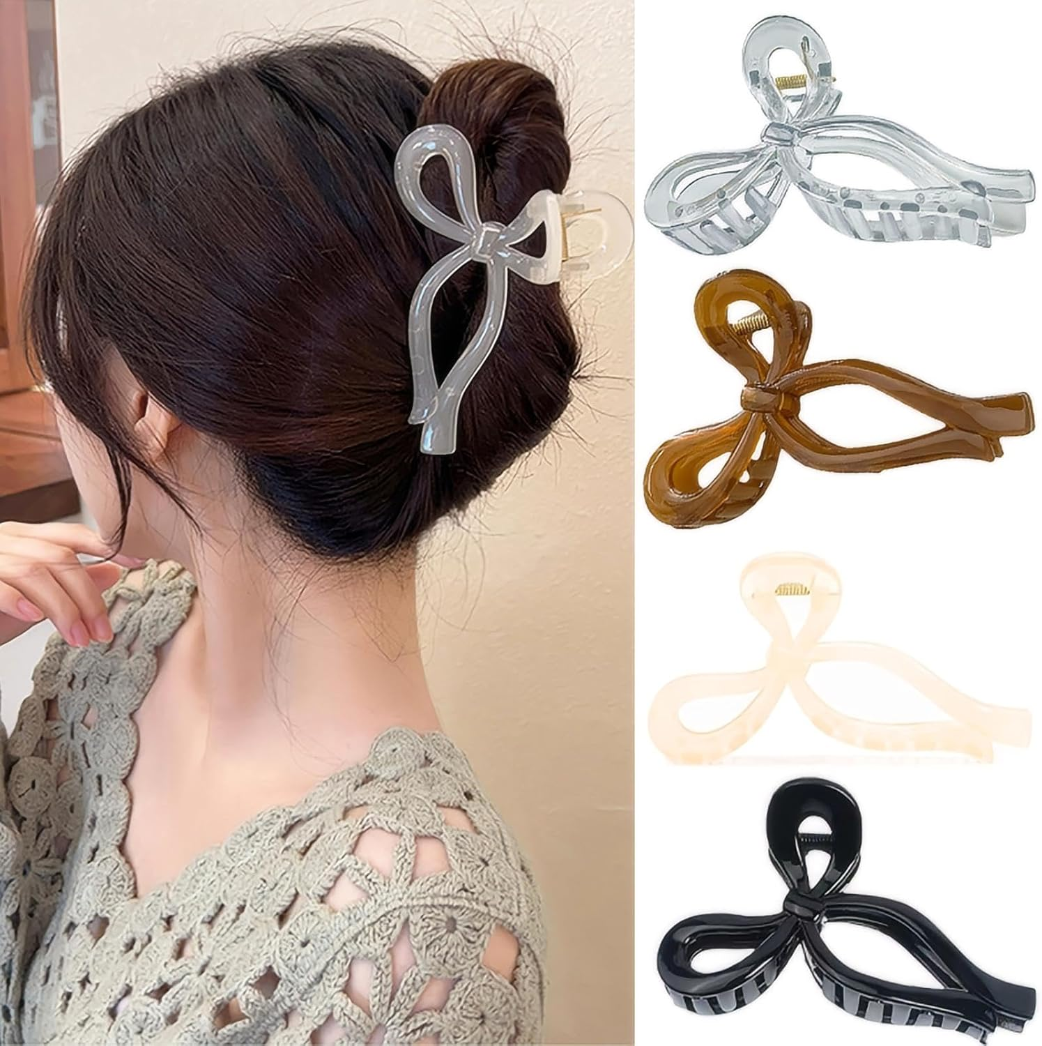 RUIENGCOMM 4 Pcs Hair Claw Clips Bow Hair Claw Clip Strong Hold Hair Clips Claw Large Bow Claw Clips for Thick Thin Hair Cute Hair Clips Styling Accessories for Women Girls image number 1
