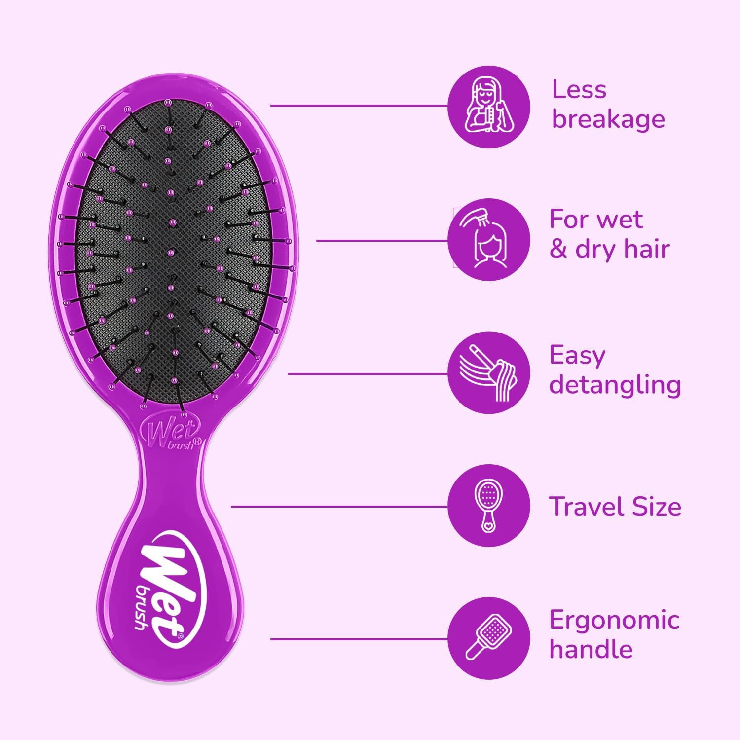 Wet Brush Mini Detangler Hair Brush, Purple - Detangling Travel Hair Brush - Ultra-Soft Intelliflex Bristles Glide through Tangles with Ease - Pain-Free - All Hair Types (Pack of 2) image number 6