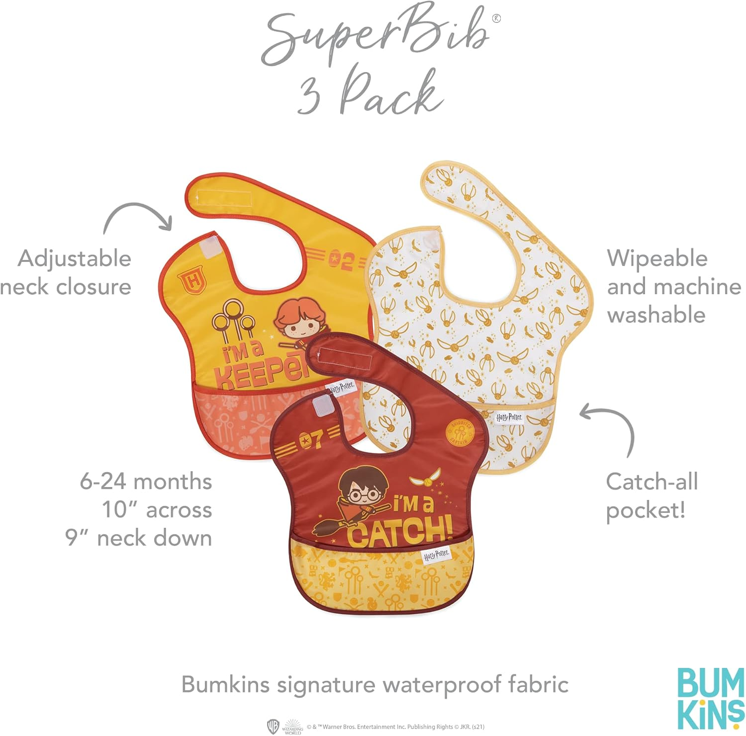 Bumkins Harry Potter Superbib, Baby Bib, Waterproof, Washable, Stain & Odor Resistant, 6-24 Months, 3 Pack - Quidditch - J2 Wonder Woman, Cape image number 7