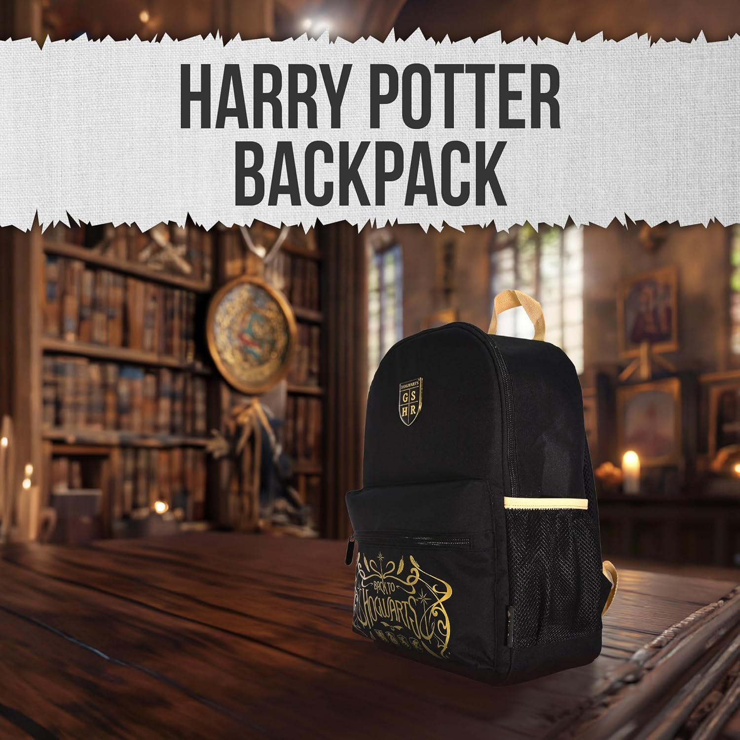 Harry Potter Hogwarts Crest Small Black Nylon Backpack for School or Kids Travel, Side Meshed Pockets, Includes Personalised Name Label - Black image number 4