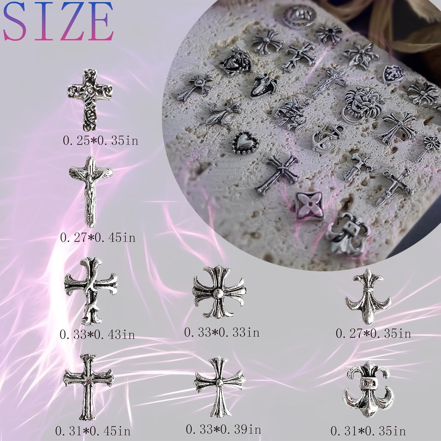 80Pcs Leeneen Silver Metal Cross Nail Charms for Nails Design,Y2K 3D Chrome Nails Art,Vintage Alloy Cross Heart Skull Acrylic Charm for Women, Halloween Nail Supplies (L1) - L2 image number 3