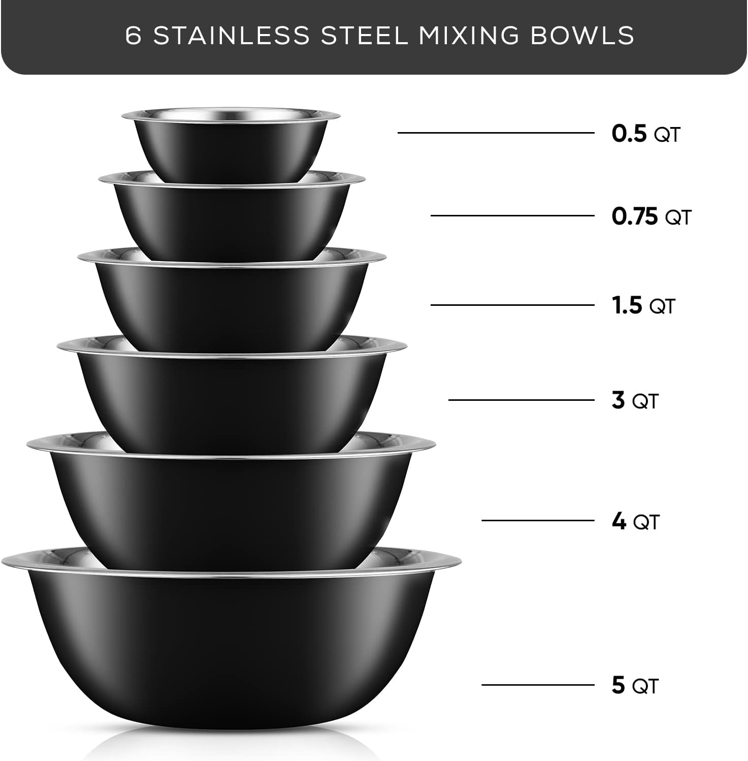 Joyjolt Stainless Steel Mixing Bowl Set of 6 Mixing Bowls (Black). 5Qt Large Mixing Bowl to 0.5Qt Small Metal Bowl. Kitchen, Cooking and Storage Nesting Bowls. Dough, Batter and Baking Bowls