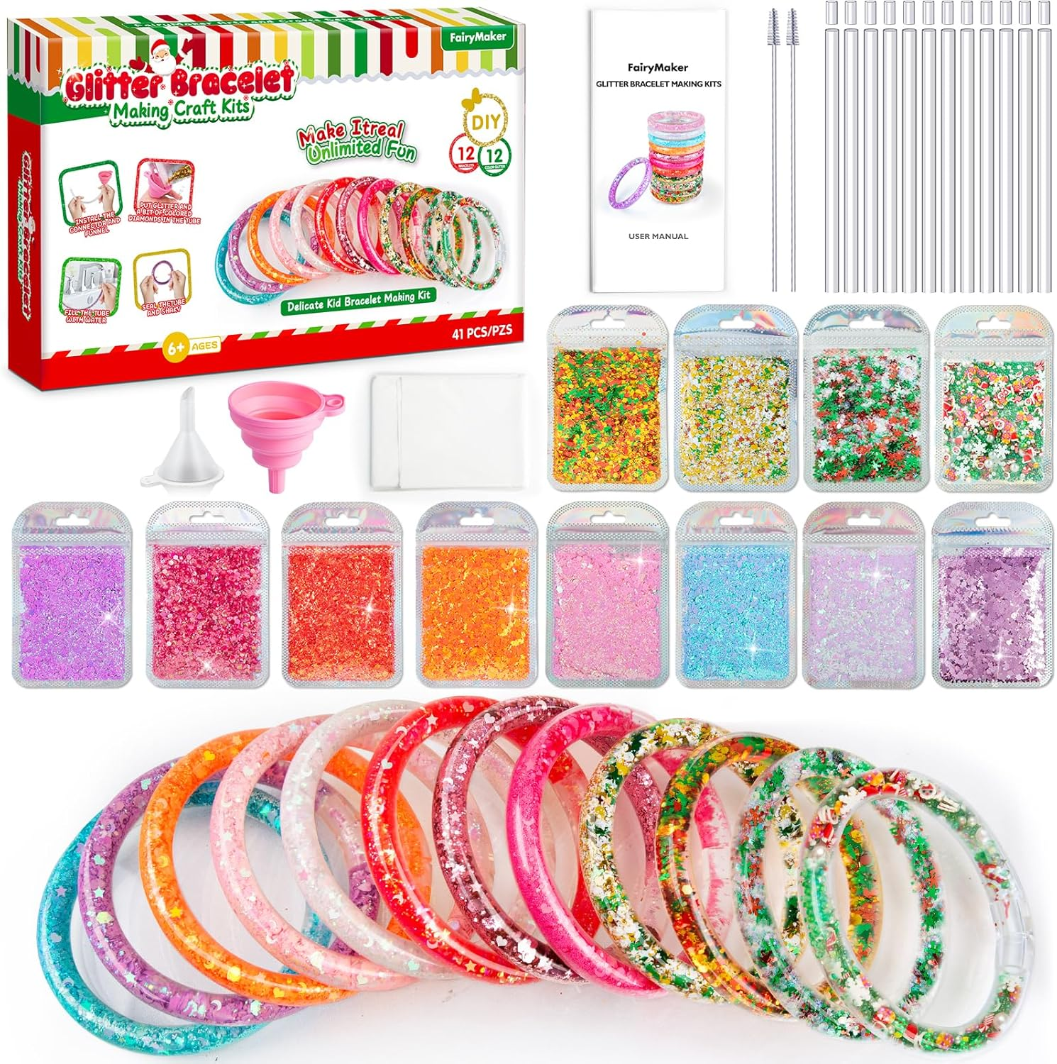 Fairymaker Glitter Bracelet Making Kit for Girls, DIY Arts and Crafts Kit with 12 Bracelets, 8 Glitter Colours, 4 Gemstone Types, Laser Sparkle Shapes for Kids&rsquo; Birthday, Children Gifts for Ages 6-12 (Christmas)