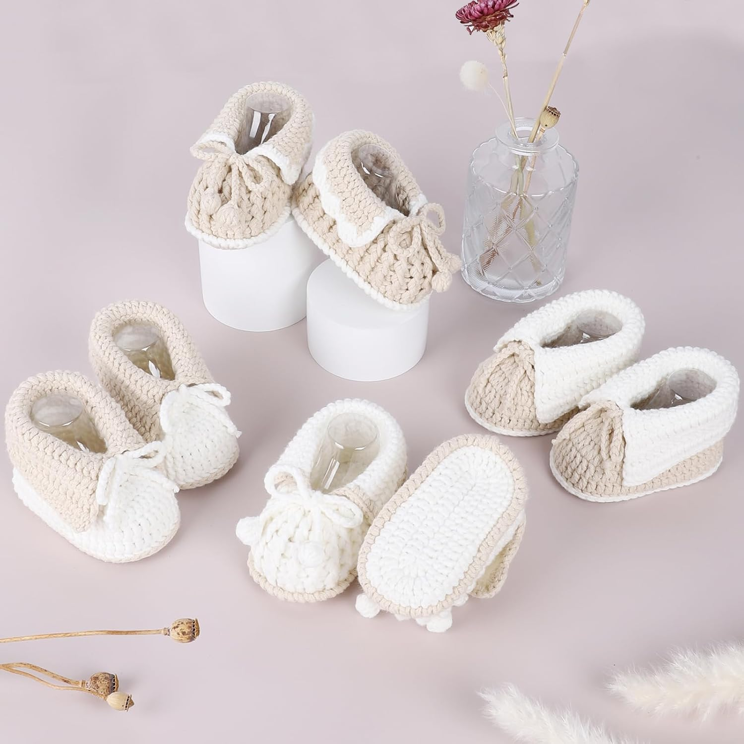 KARUNEL Baby Booties Newborn Sock Shoes Hand Crochet Knit Cotton Bootie Soft Cozy Ankle Boots for Infant Boys Girls