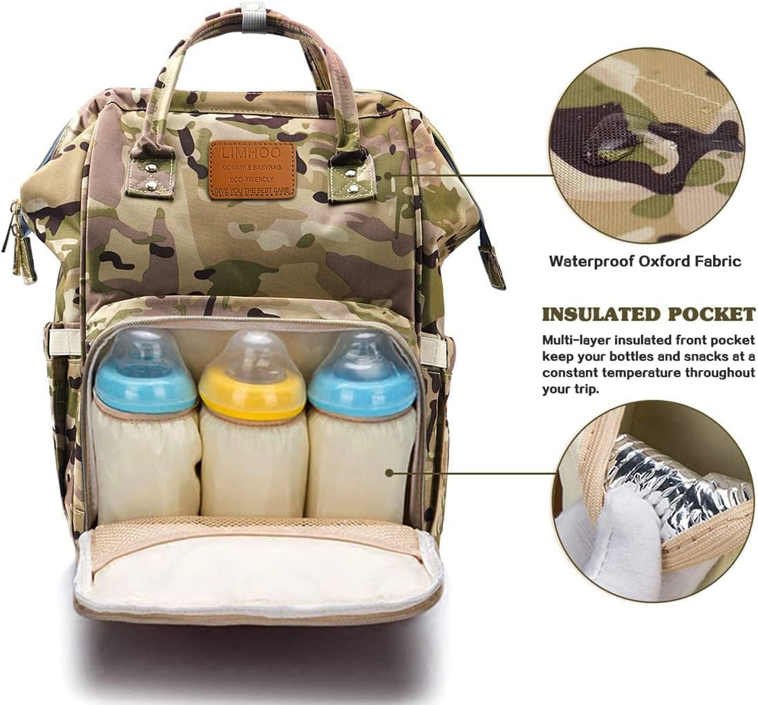 Limhoo Diaper Bag Backpack for Men Dad, Waterproof Large Canvas Camo Nappy Bags, Baby Care Bag